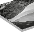 Alpine Ibex Cliff – Alu-Dibond wall art showcasing dramatic black-and-white textures of mountain cliffs and rocks.