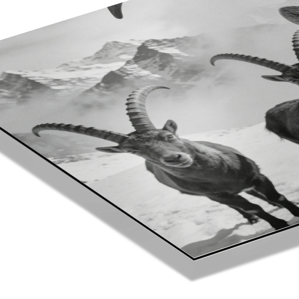 Alpine Ibex Portrait – Alu-Dibond wall art featuring majestic ibex with curved horns in black-and-white.