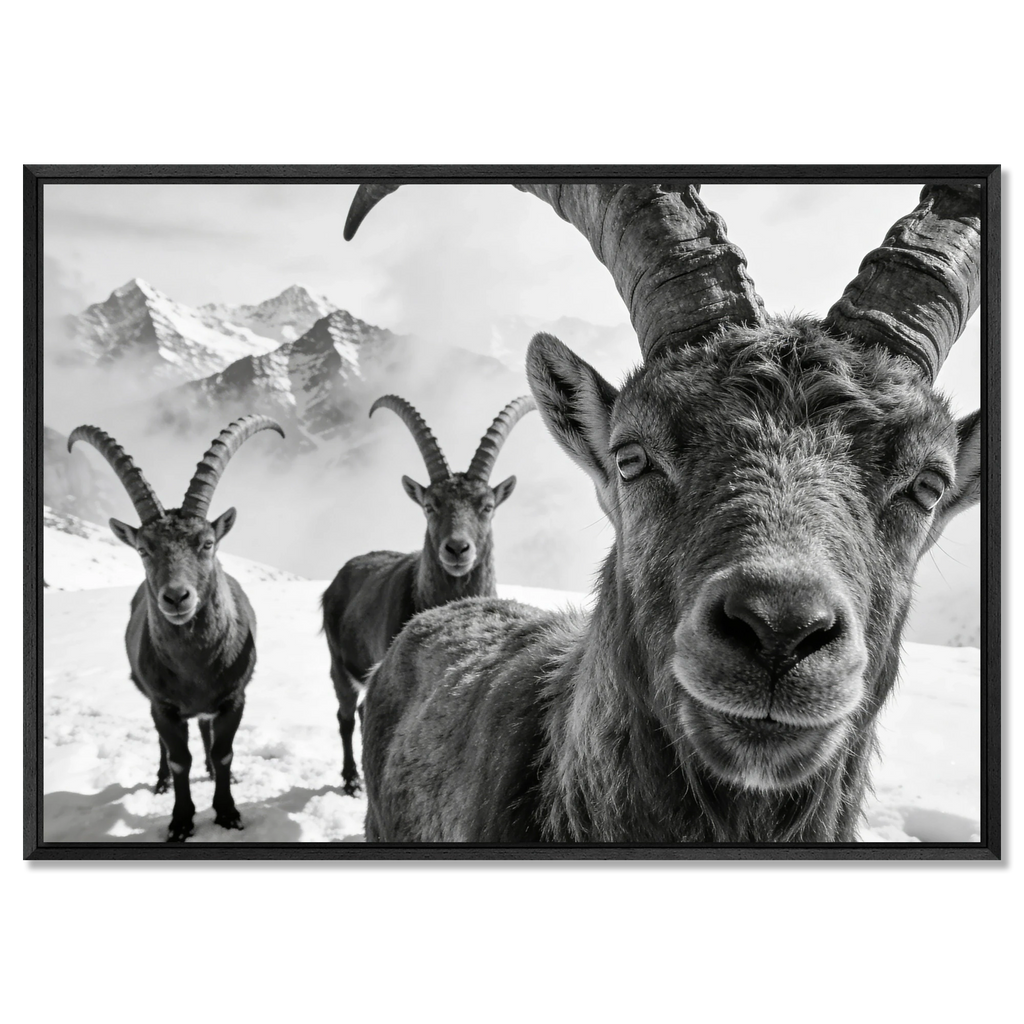 Alpine Ibex Portrait – Alu-Dibond wall art featuring a close-up of ibex in a snowy mountain landscape.