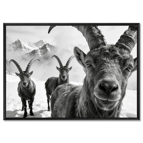 Alpine Ibex Portrait – Alu-Dibond wall art featuring a close-up of ibex in a snowy mountain landscape.