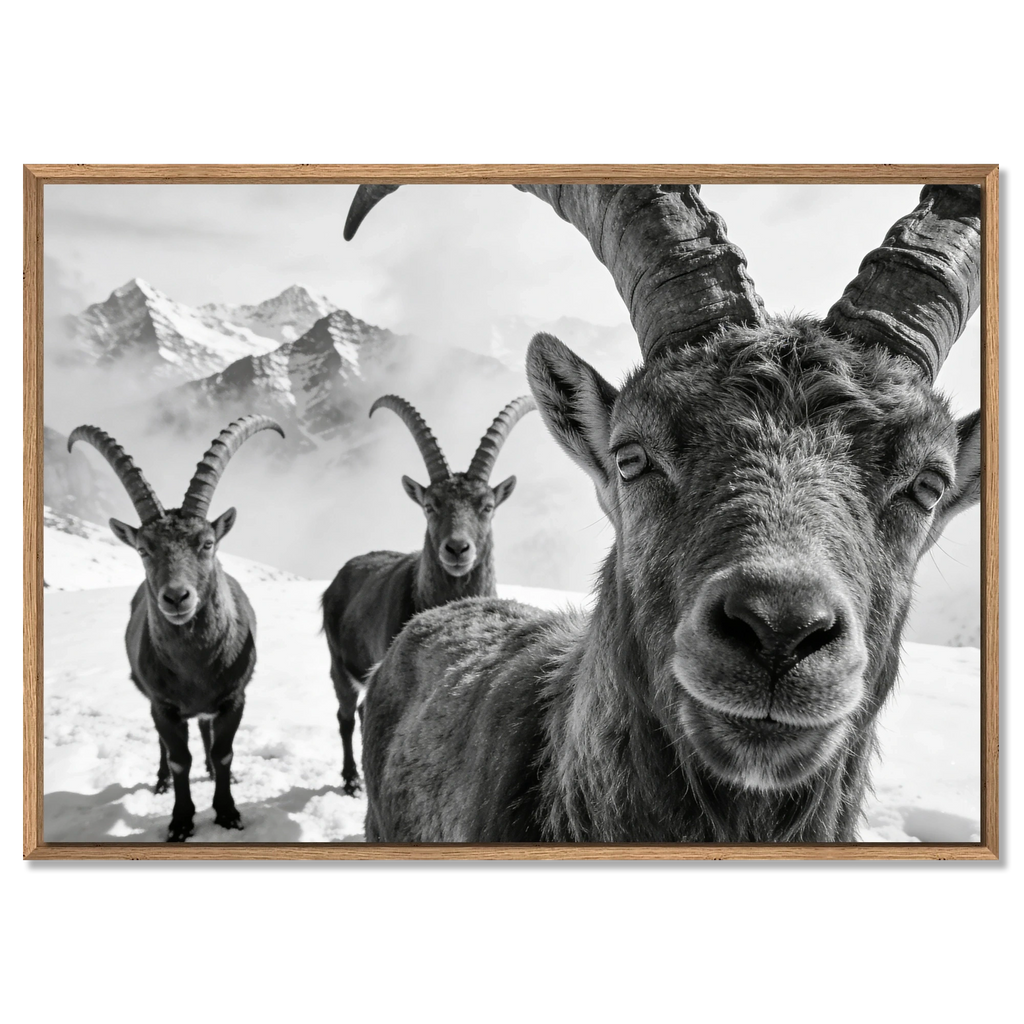 Alpine Ibex Portrait – Alu-Dibond wall art featuring majestic ibex in black-and-white against snowy mountains.