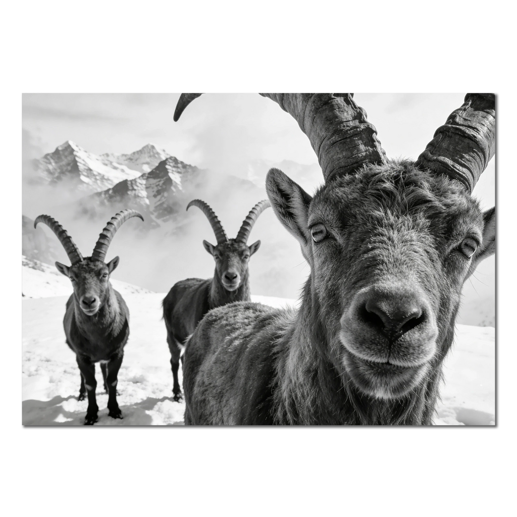 Alpine Ibex Portrait – Alu-Dibond wall art showcasing majestic ibex against a dramatic mountain backdrop.