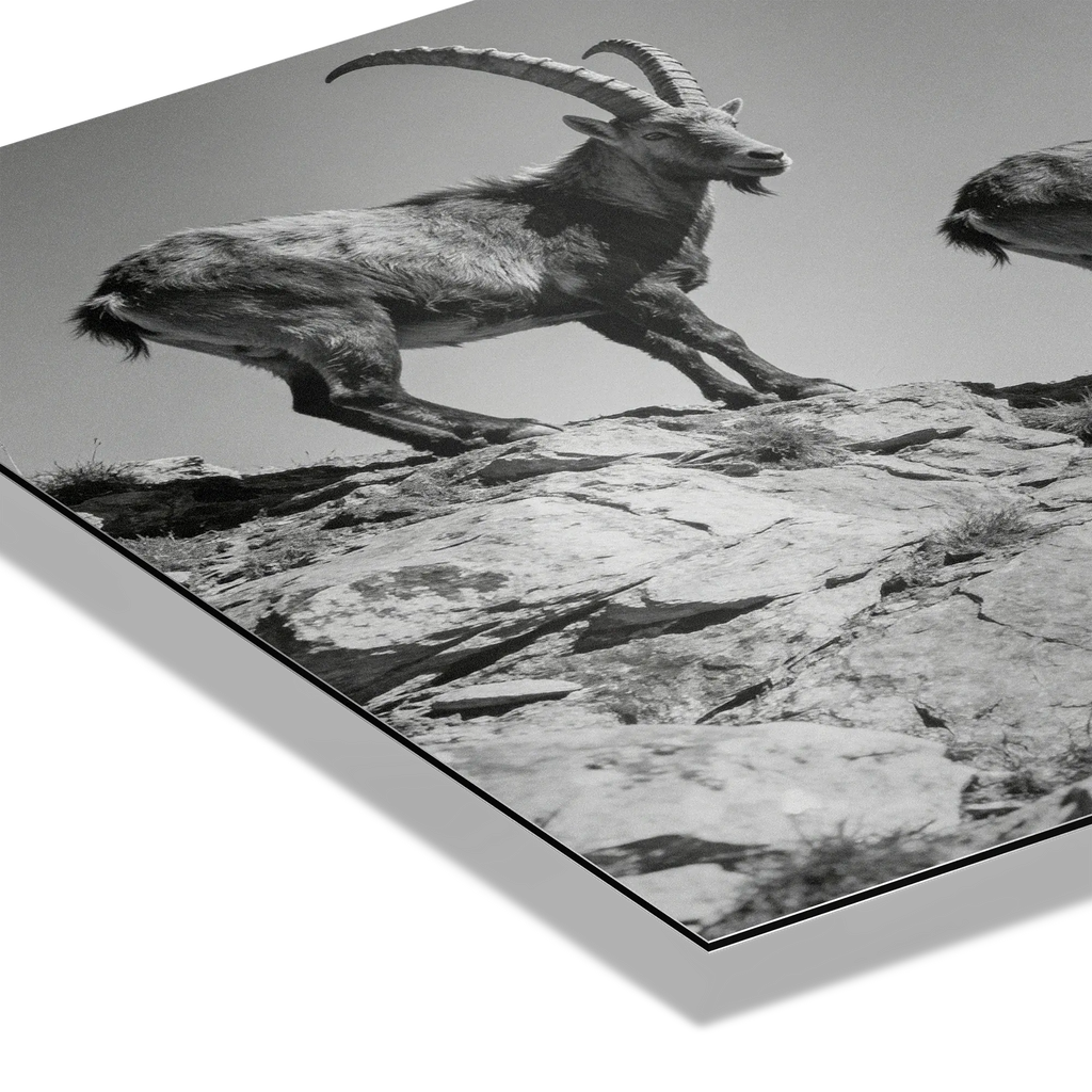 Alpine Ibex Ridge – Alu-Dibond wall art featuring ibex on rocky terrain, black-and-white design emphasizing nature's beauty.