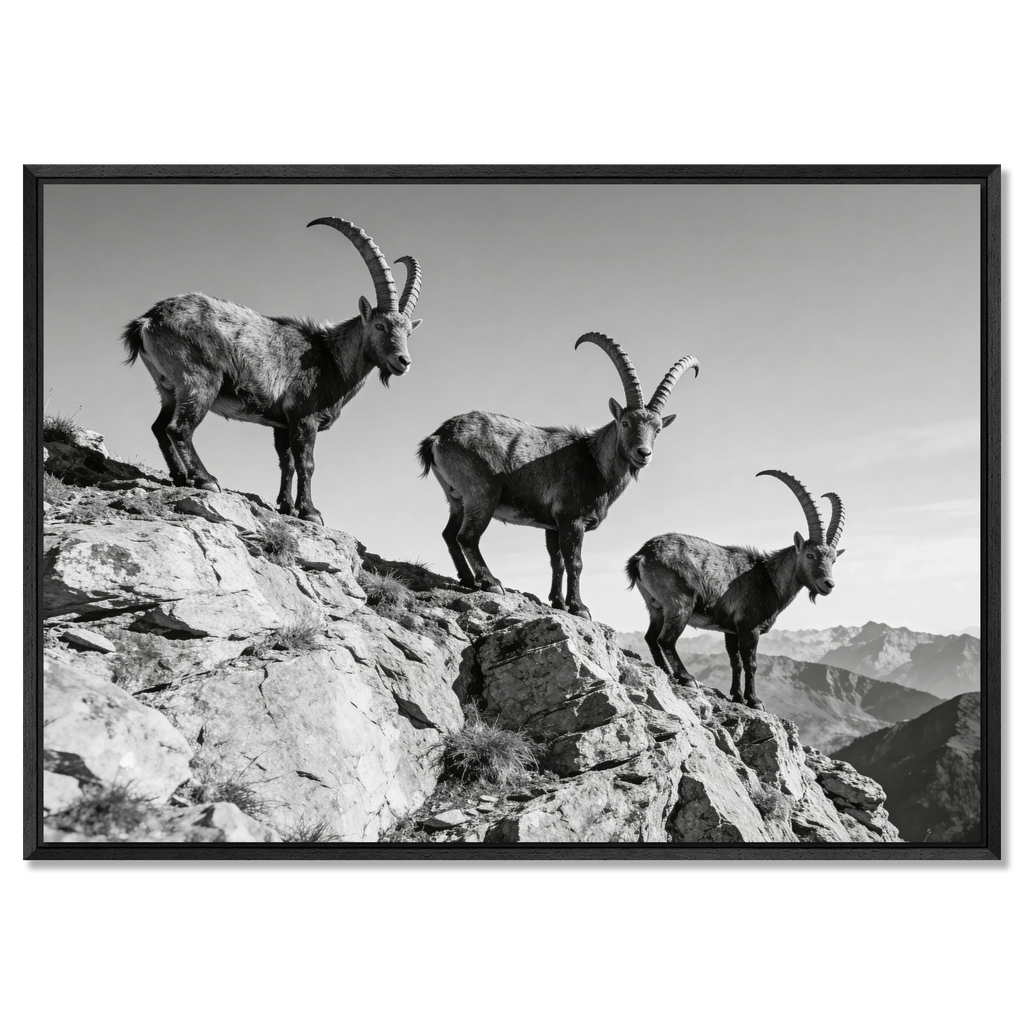 Alpine Ibex Ridge – Alu-Dibond wall art featuring three ibex on a mountain ridge in black-and-white.