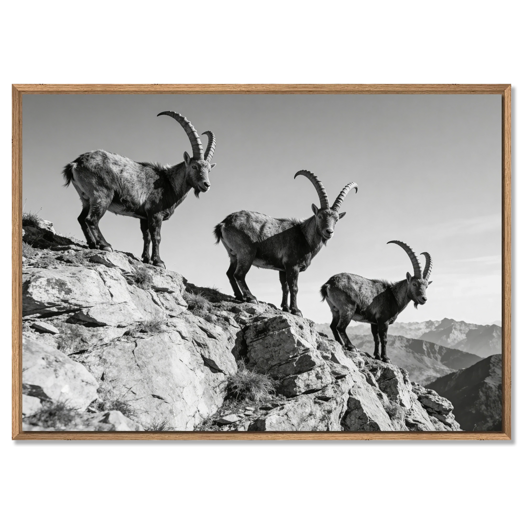 Alpine Ibex Ridge – Alu-Dibond wall art featuring three ibex on a rugged mountain ridge in black and white.