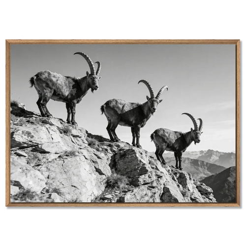 Alpine Ibex Ridge – Alu-Dibond wall art featuring three ibex on a rugged mountain ridge in black and white.