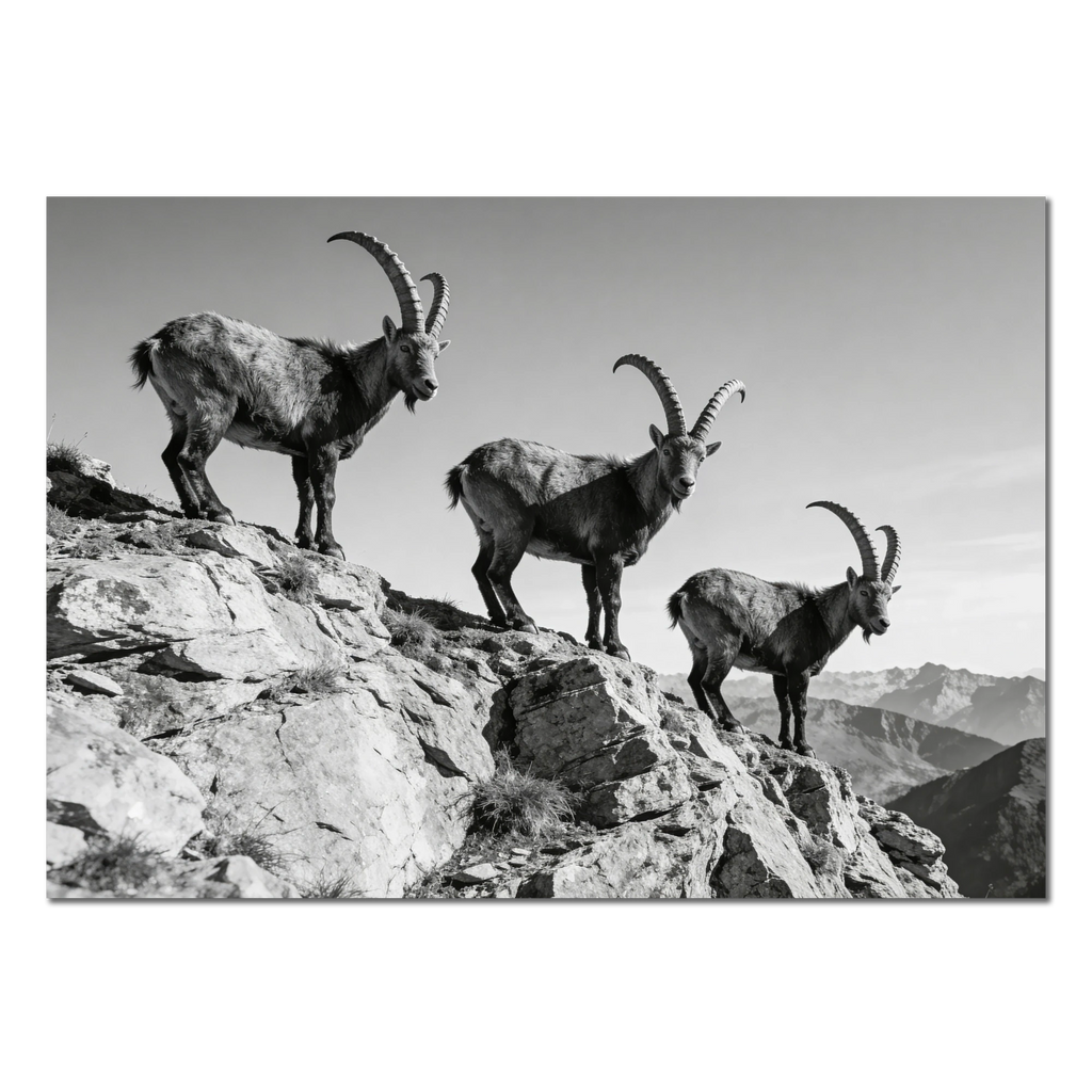 Alpine Ibex Ridge – Alu-Dibond wall art featuring three ibex on a mountain ridge in black-and-white.