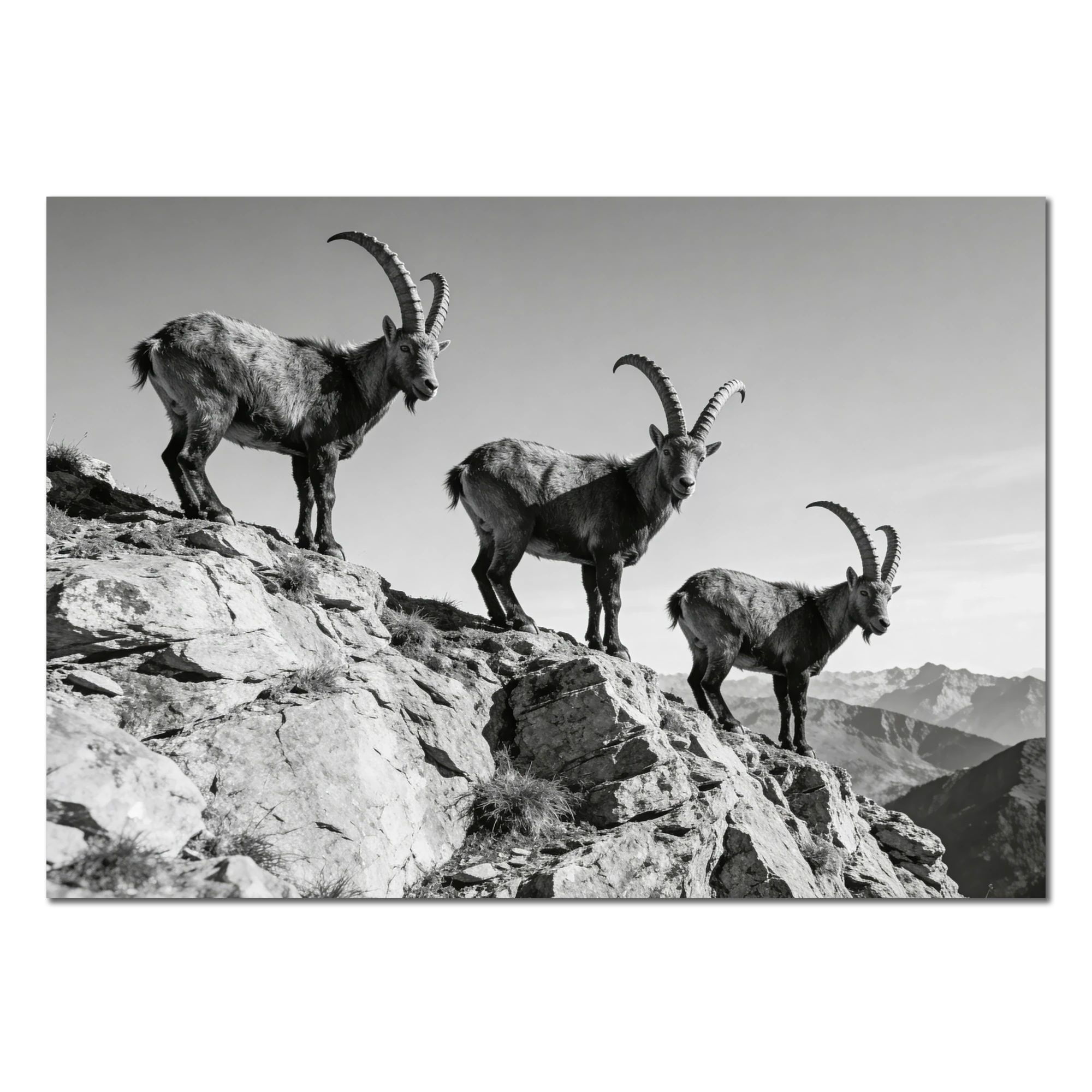 Alpine Ibex Ridge – Alu-Dibond wall art featuring three ibex on a mountain ridge in black-and-white.