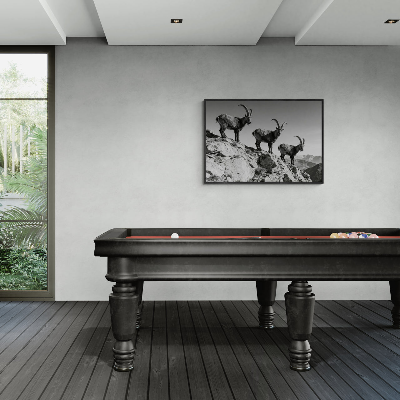 Alpine Ibex Ridge – Alu-Dibond wall art displayed above a black pool table in a modern room.
