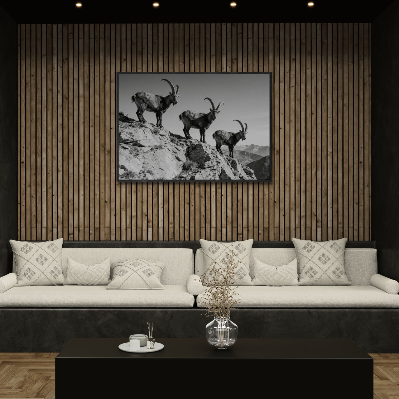 Alpine Ibex Ridge – Alu-Dibond wall art featuring three ibex on a rocky ridge in a modern living room.