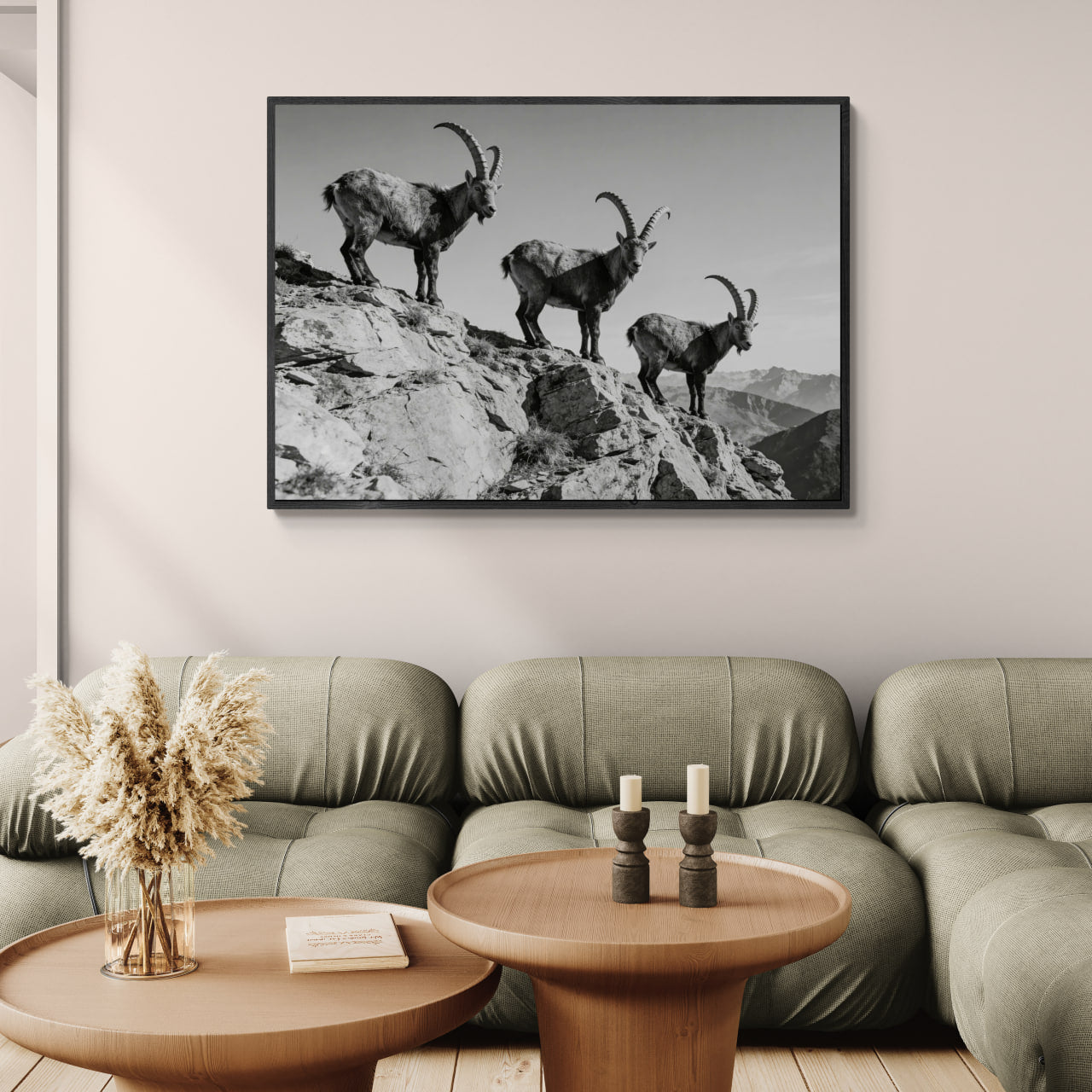 Alpine Ibex Ridge – Alu-Dibond wall art featuring three ibex on a mountain ridge in black and white
