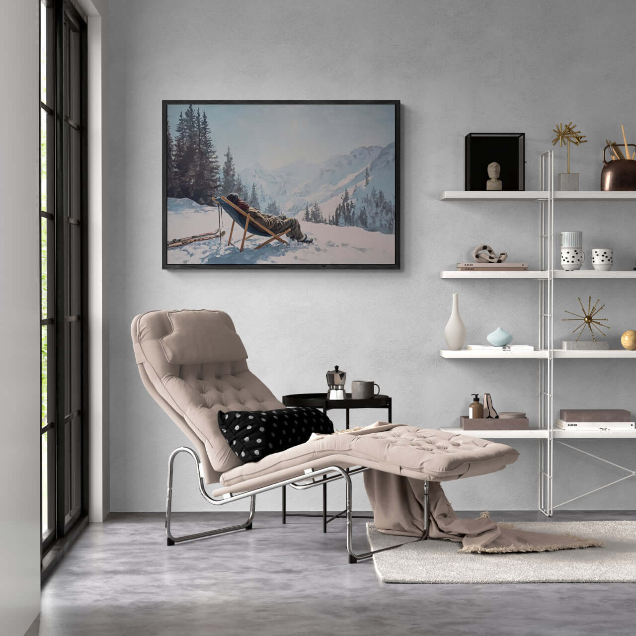 Alpine Winter Rest – Poster displayed in a modern interior with a cozy lounge chair, highlighting snowy mountain scenery.