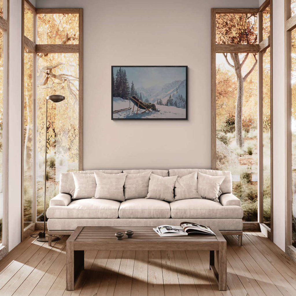 Alpine Winter Rest – Poster showcasing snowy mountains and a deck chair, enhancing modern wall decor in cozy interiors.