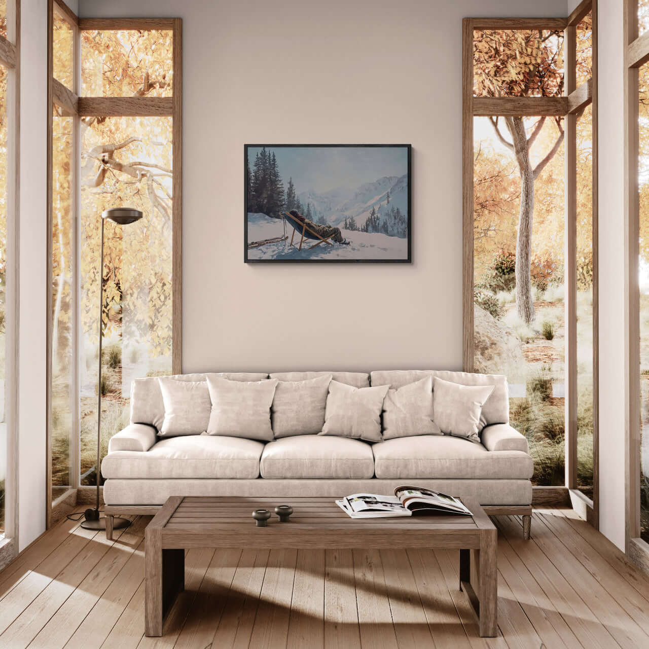 Alpine Winter Rest – Poster showcasing snowy mountains and a deck chair, enhancing modern wall decor in cozy interiors.