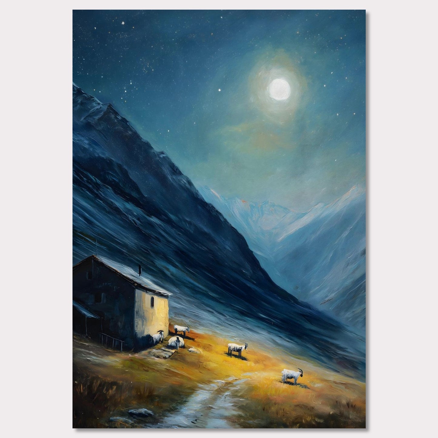 Nestled between dramatic cliffs, a single farmhouse glows under a sky heavy with storm and sun. The valley holds its breath — clouds swirl above while the earth remains grounded, golden, and still. This is a refuge at the edge of wildness.
