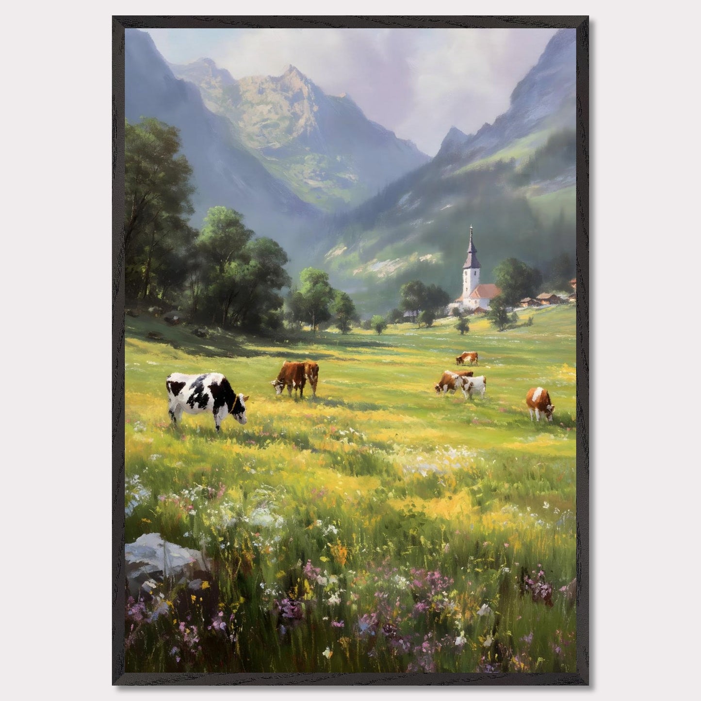 A bright valley bursts into life with cows scattered across wildflower meadows. Behind them, a quaint village church stands framed by alpine peaks. This scene is a celebration of slowness — of sun-warmed grass and steady breath.