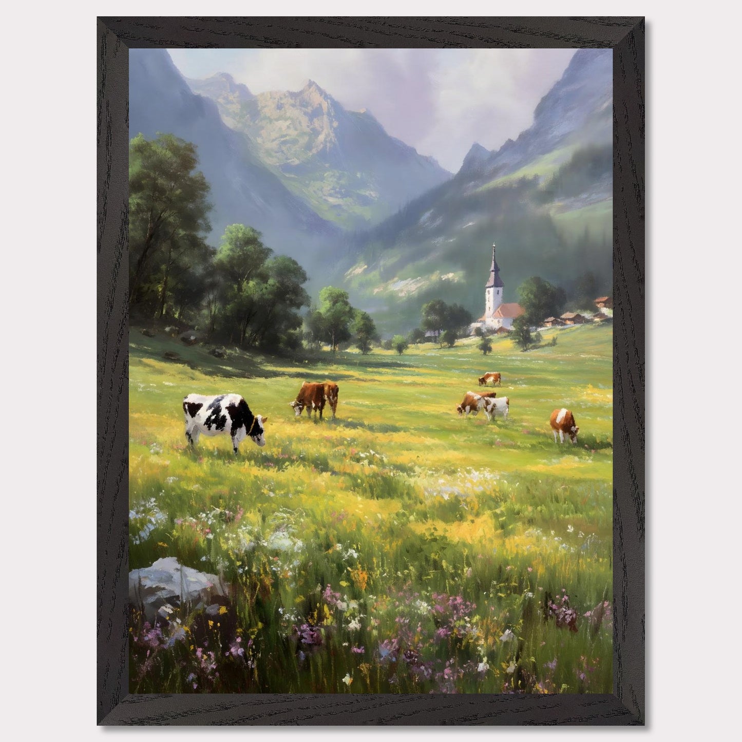 A bright valley bursts into life with cows scattered across wildflower meadows. Behind them, a quaint village church stands framed by alpine peaks. This scene is a celebration of slowness — of sun-warmed grass and steady breath.