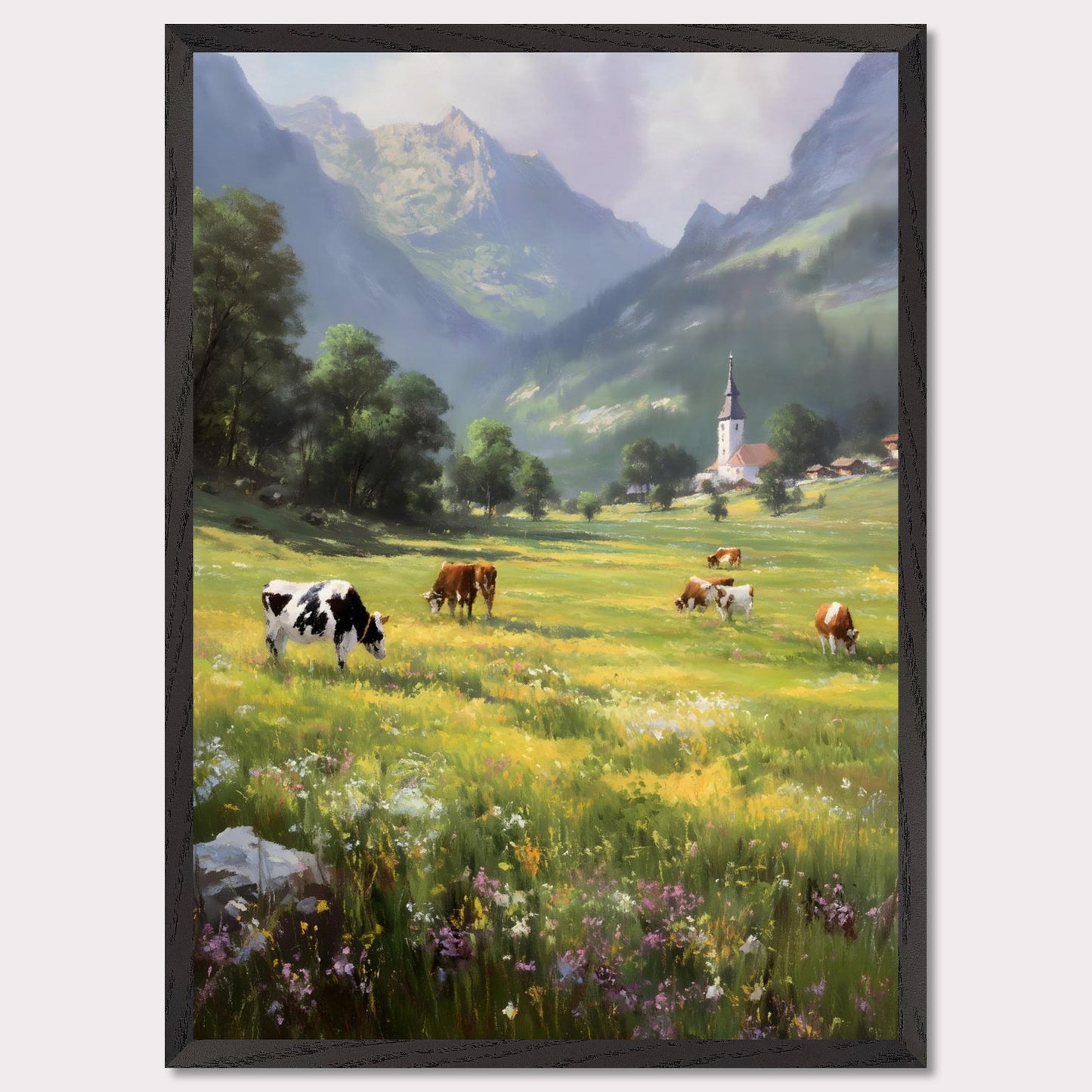 A bright valley bursts into life with cows scattered across wildflower meadows. Behind them, a quaint village church stands framed by alpine peaks. This scene is a celebration of slowness — of sun-warmed grass and steady breath.