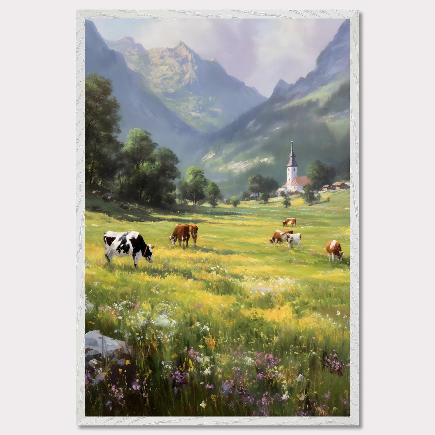 A bright valley bursts into life with cows scattered across wildflower meadows. Behind them, a quaint village church stands framed by alpine peaks. This scene is a celebration of slowness — of sun-warmed grass and steady breath.