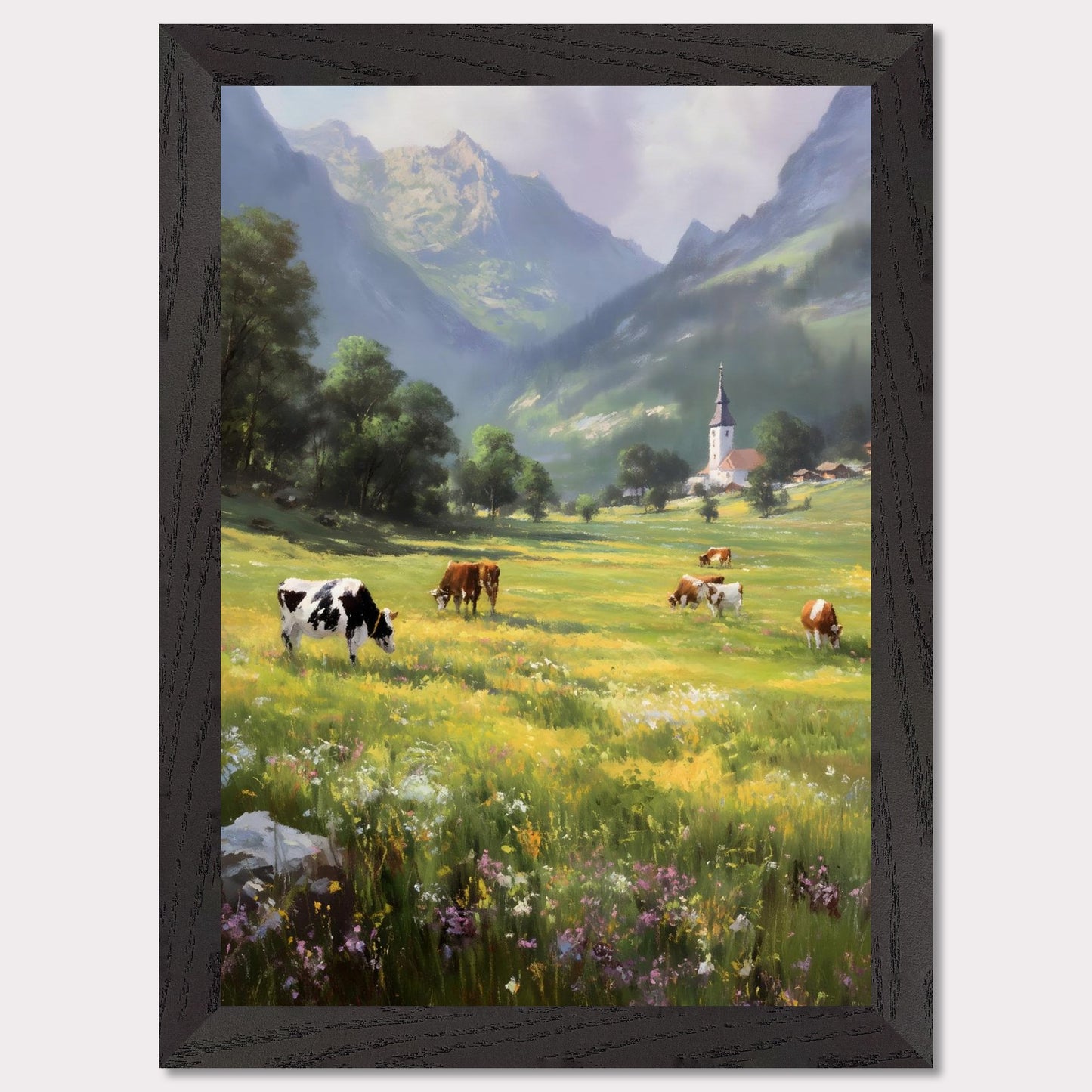 A bright valley bursts into life with cows scattered across wildflower meadows. Behind them, a quaint village church stands framed by alpine peaks. This scene is a celebration of slowness — of sun-warmed grass and steady breath.