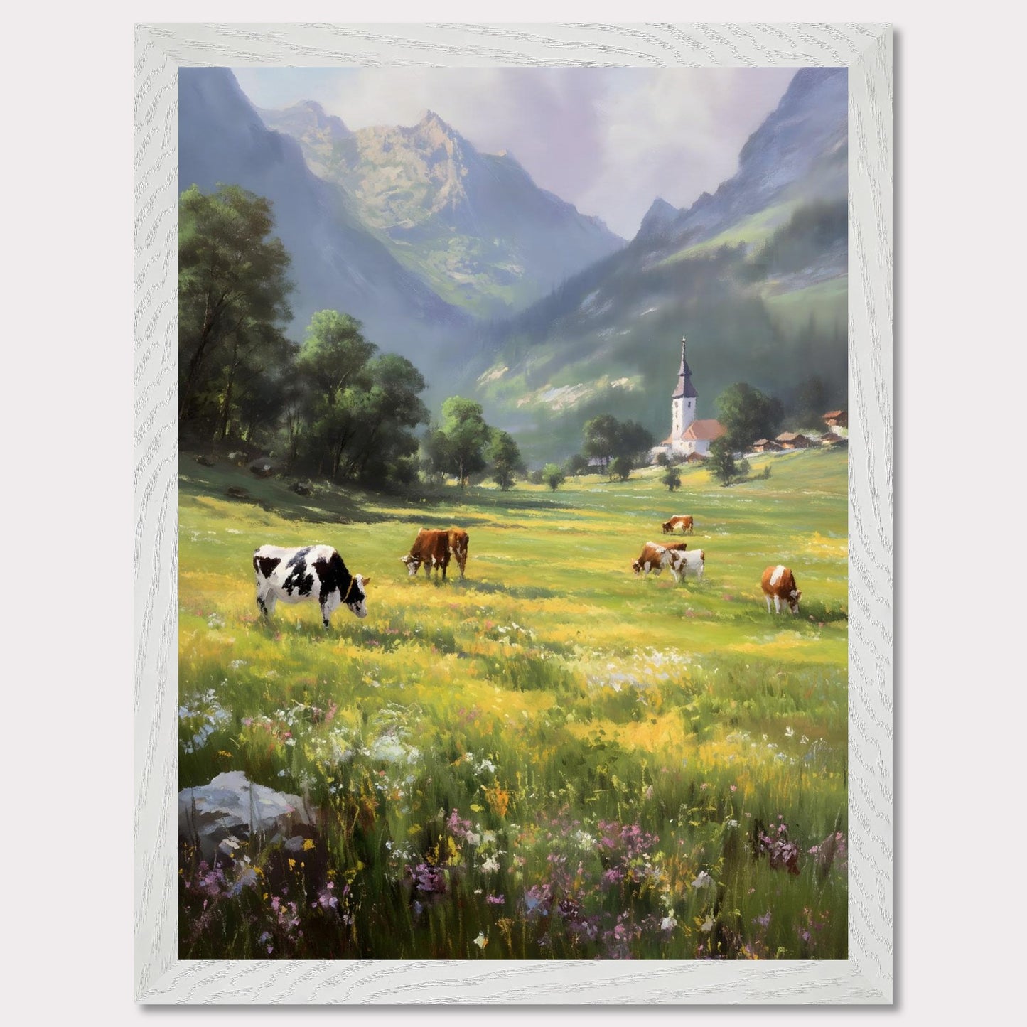A bright valley bursts into life with cows scattered across wildflower meadows. Behind them, a quaint village church stands framed by alpine peaks. This scene is a celebration of slowness — of sun-warmed grass and steady breath.