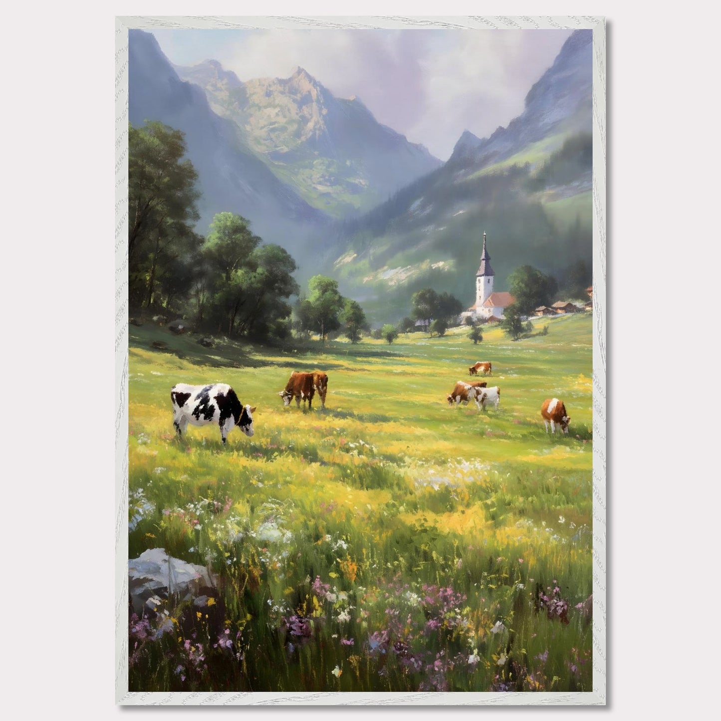 A bright valley bursts into life with cows scattered across wildflower meadows. Behind them, a quaint village church stands framed by alpine peaks. This scene is a celebration of slowness — of sun-warmed grass and steady breath.