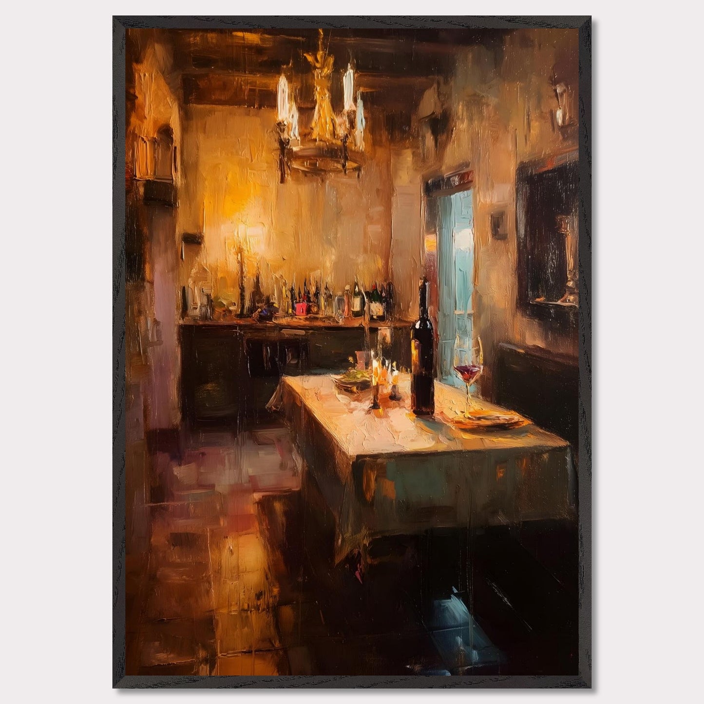 A rustic table stands beneath the warm glow of candlelight and chandeliers, set with wine and quiet intention. The bottles in the background whisper of past evenings, shared laughter, and cellar secrets. A moody, elegant portrait of alpine hospitality.