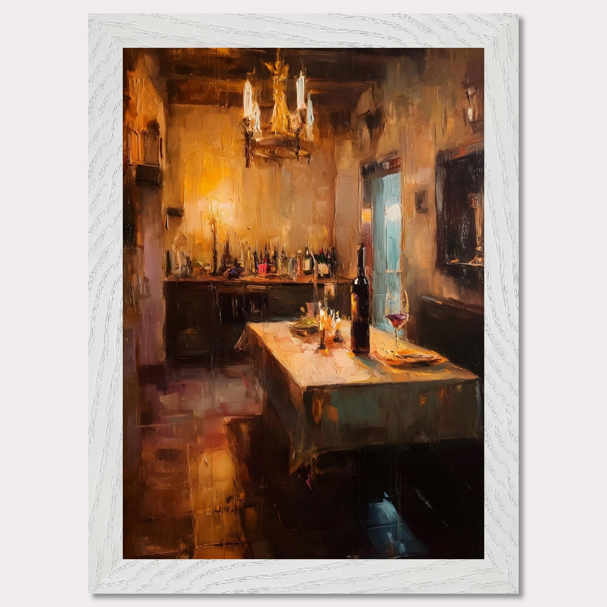 A rustic table stands beneath the warm glow of candlelight and chandeliers, set with wine and quiet intention. The bottles in the background whisper of past evenings, shared laughter, and cellar secrets. A moody, elegant portrait of alpine hospitality.
