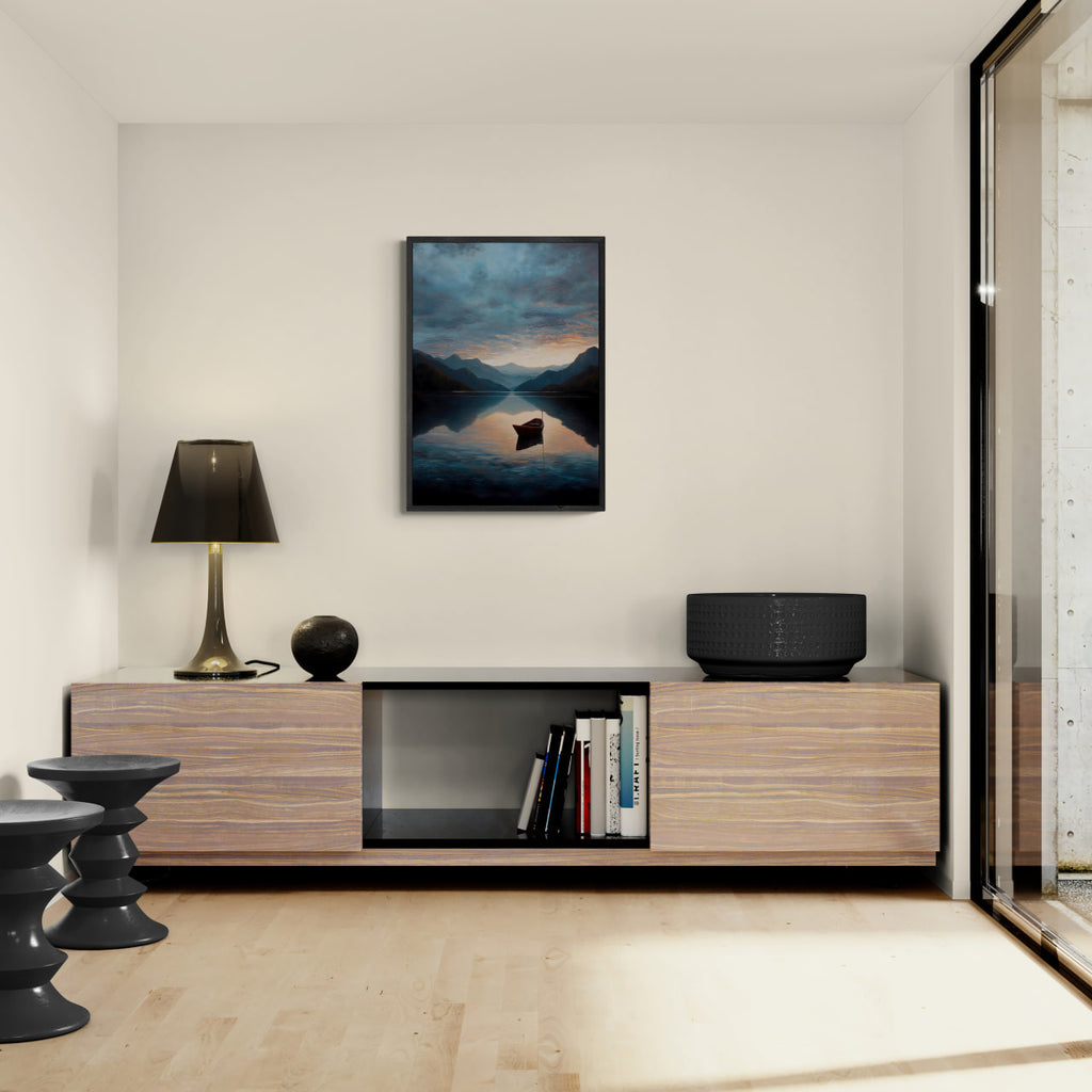 Alps Drift - Poster displayed in a modern living room with minimalist decor, featuring calming mountain lake artwork.
