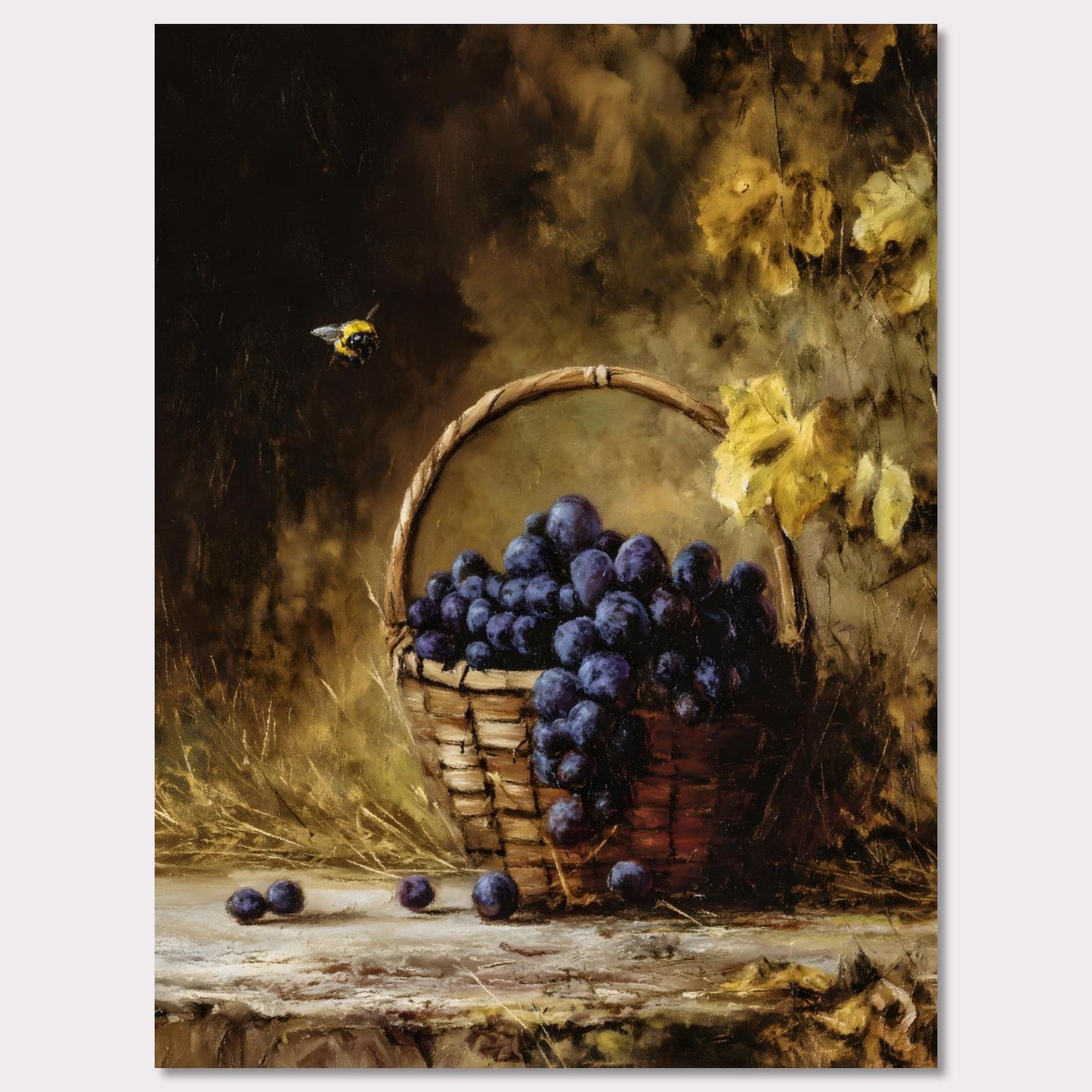 A basket overflows with deep purple grapes, a bee caught mid-hover. The scene glows with golden hues, evoking the fullness of autumn’s gift. This is the moment right before the feast — abundant, still, and honey-warm.