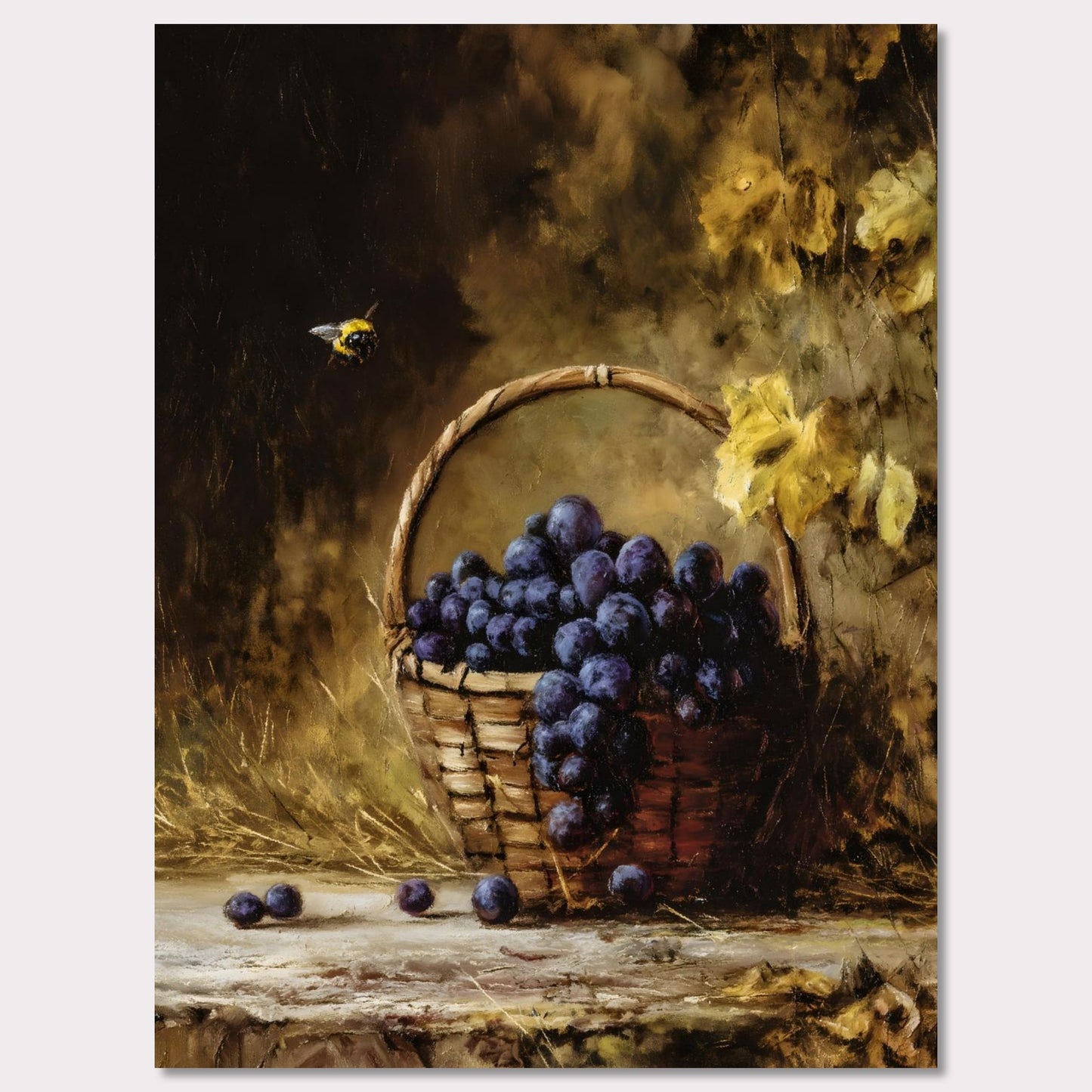 A basket overflows with deep purple grapes, a bee caught mid-hover. The scene glows with golden hues, evoking the fullness of autumn’s gift. This is the moment right before the feast — abundant, still, and honey-warm.