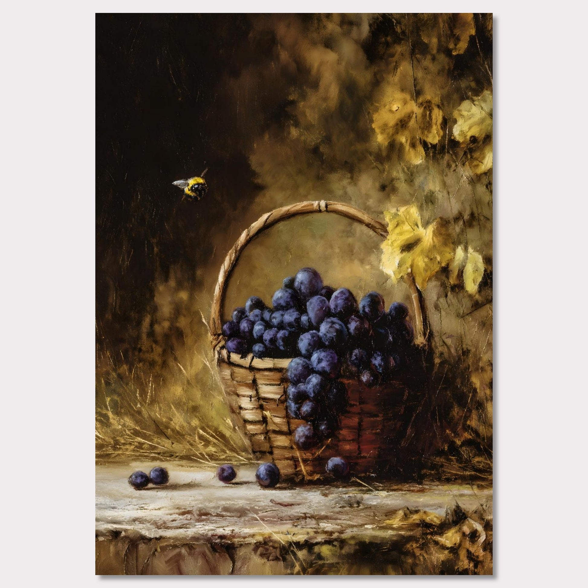 A basket overflows with deep purple grapes, a bee caught mid-hover. The scene glows with golden hues, evoking the fullness of autumn’s gift. This is the moment right before the feast — abundant, still, and honey-warm.