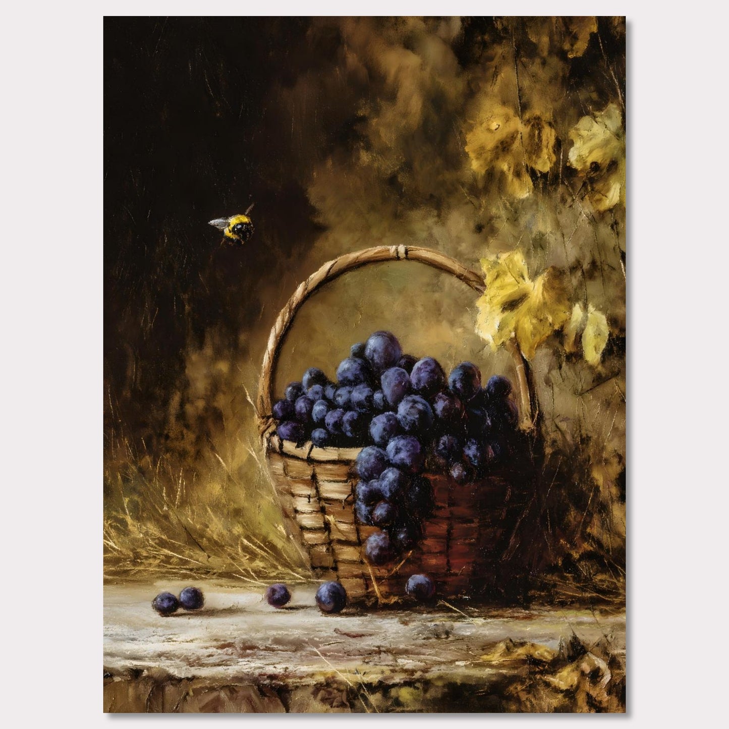A basket overflows with deep purple grapes, a bee caught mid-hover. The scene glows with golden hues, evoking the fullness of autumn’s gift. This is the moment right before the feast — abundant, still, and honey-warm.