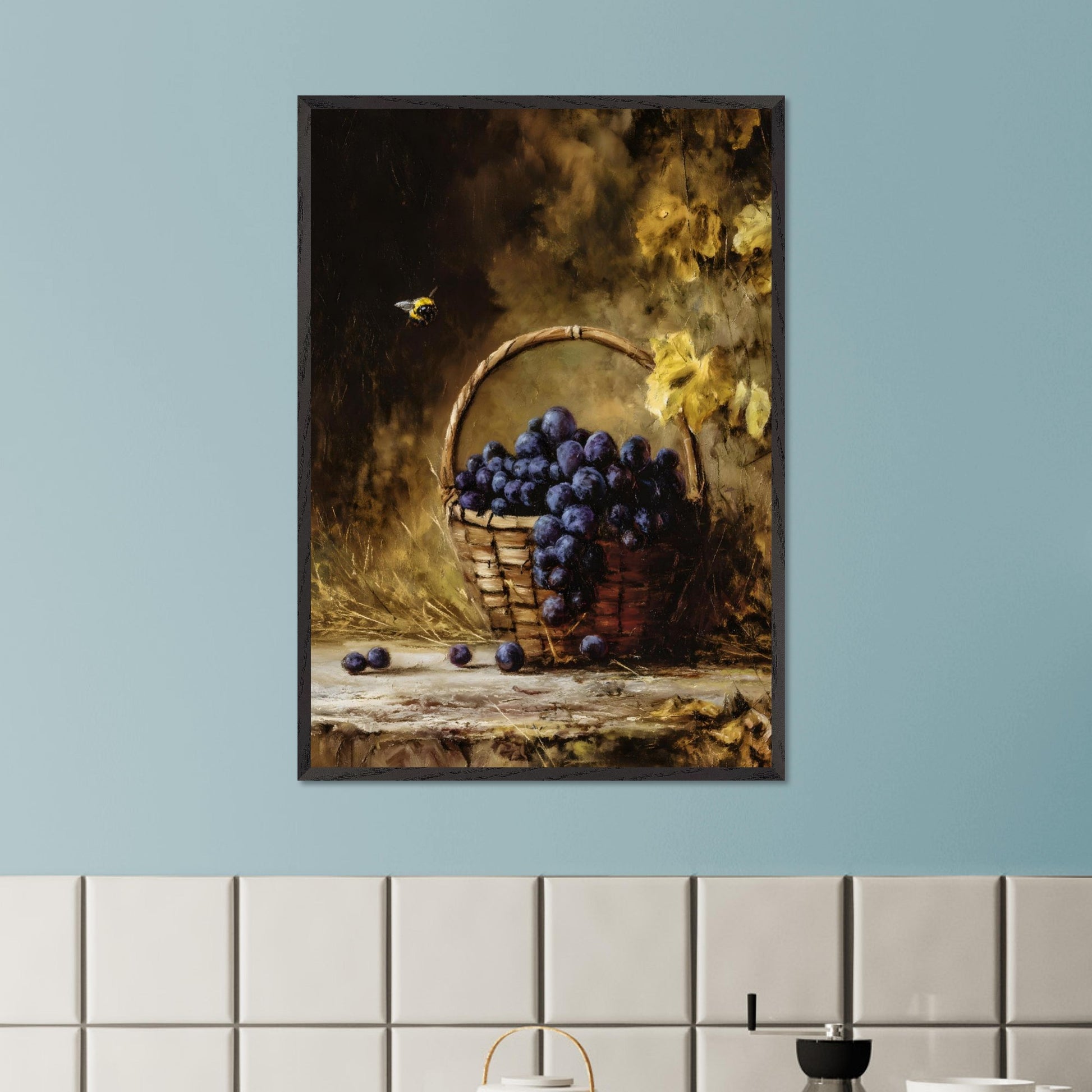 A basket overflows with deep purple grapes, a bee caught mid-hover. The scene glows with golden hues, evoking the fullness of autumn’s gift. This is the moment right before the feast — abundant, still, and honey-warm.