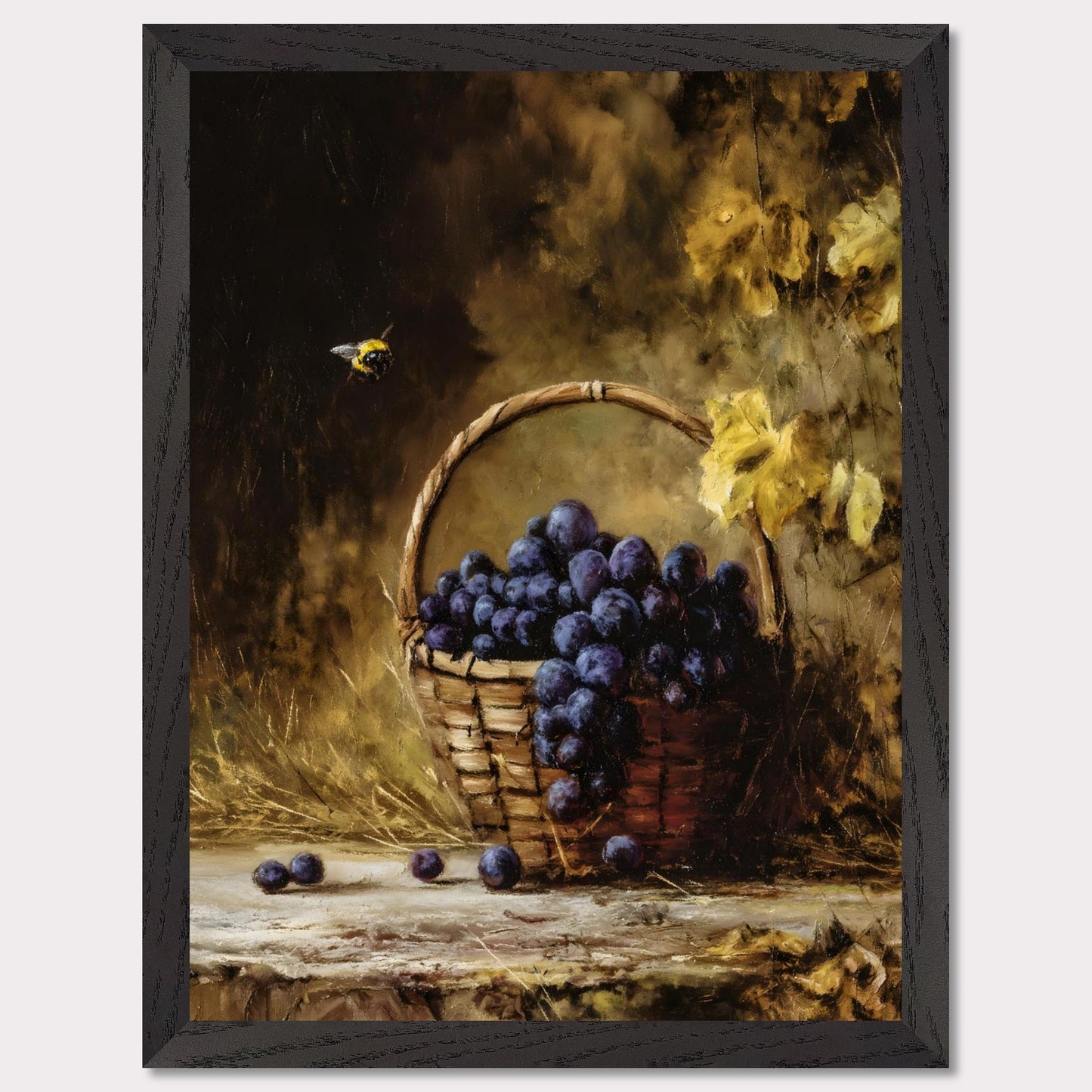 A basket overflows with deep purple grapes, a bee caught mid-hover. The scene glows with golden hues, evoking the fullness of autumn’s gift. This is the moment right before the feast — abundant, still, and honey-warm.