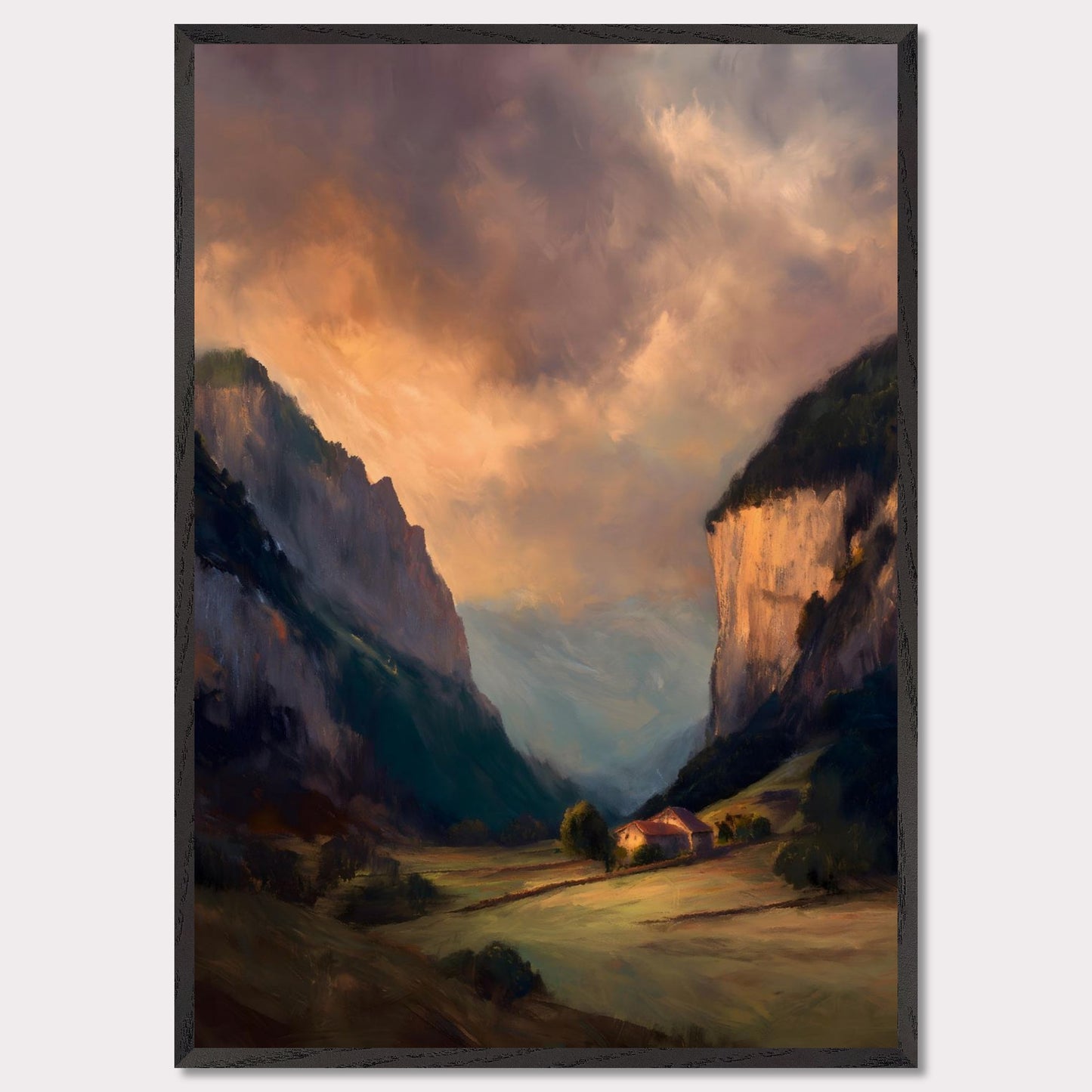 Nestled between dramatic cliffs, a single farmhouse glows under a sky heavy with storm and sun. The valley holds its breath — clouds swirl above while the earth remains grounded, golden, and still. This is a refuge at the edge of wildness.