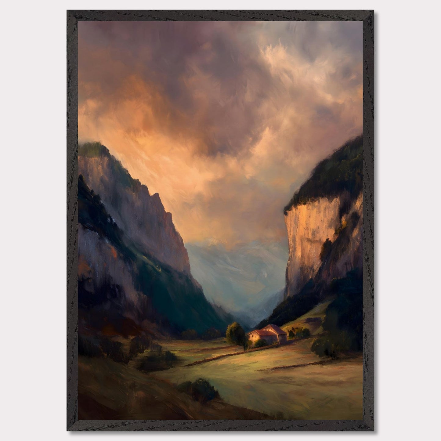Nestled between dramatic cliffs, a single farmhouse glows under a sky heavy with storm and sun. The valley holds its breath — clouds swirl above while the earth remains grounded, golden, and still. This is a refuge at the edge of wildness.