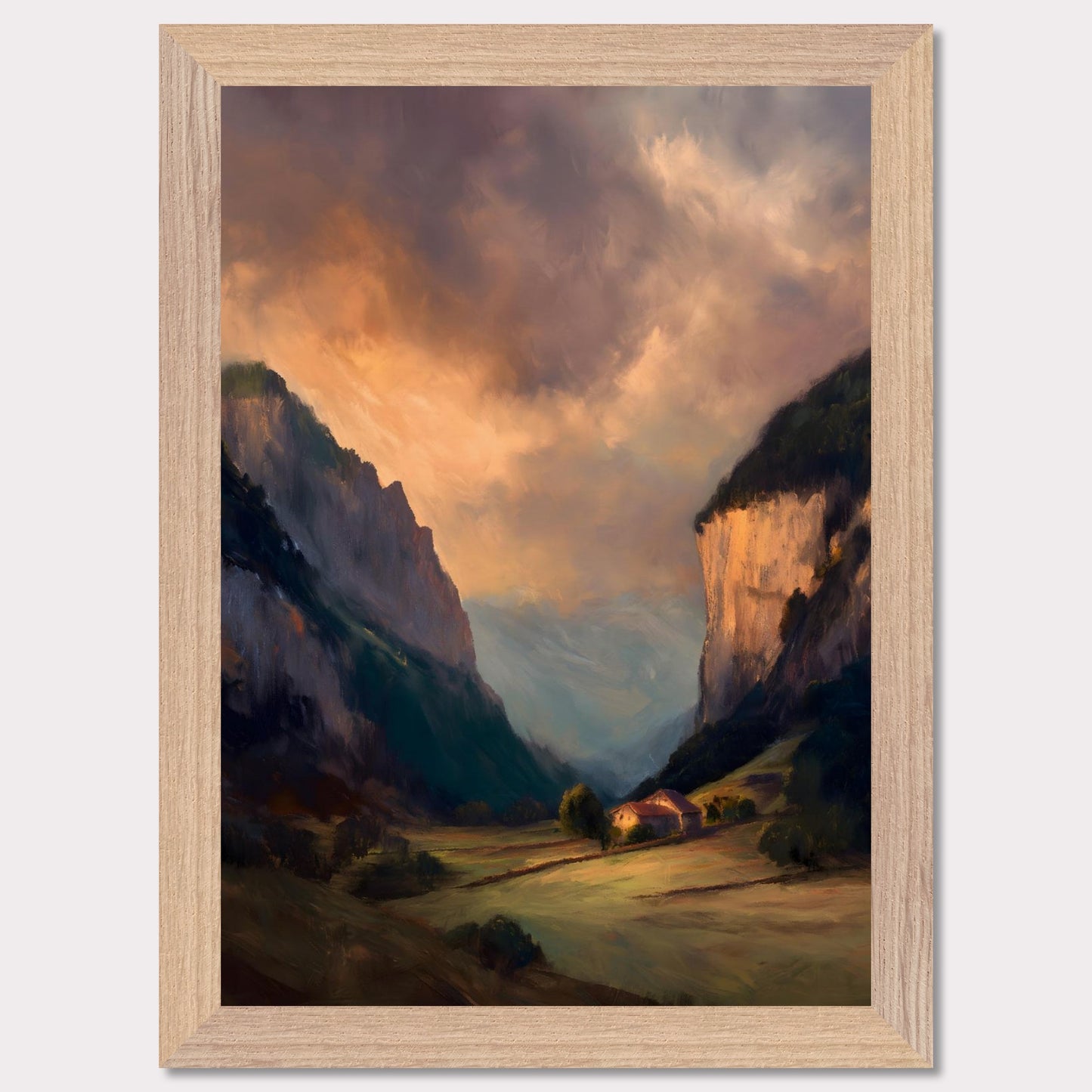 Nestled between dramatic cliffs, a single farmhouse glows under a sky heavy with storm and sun. The valley holds its breath — clouds swirl above while the earth remains grounded, golden, and still. This is a refuge at the edge of wildness.