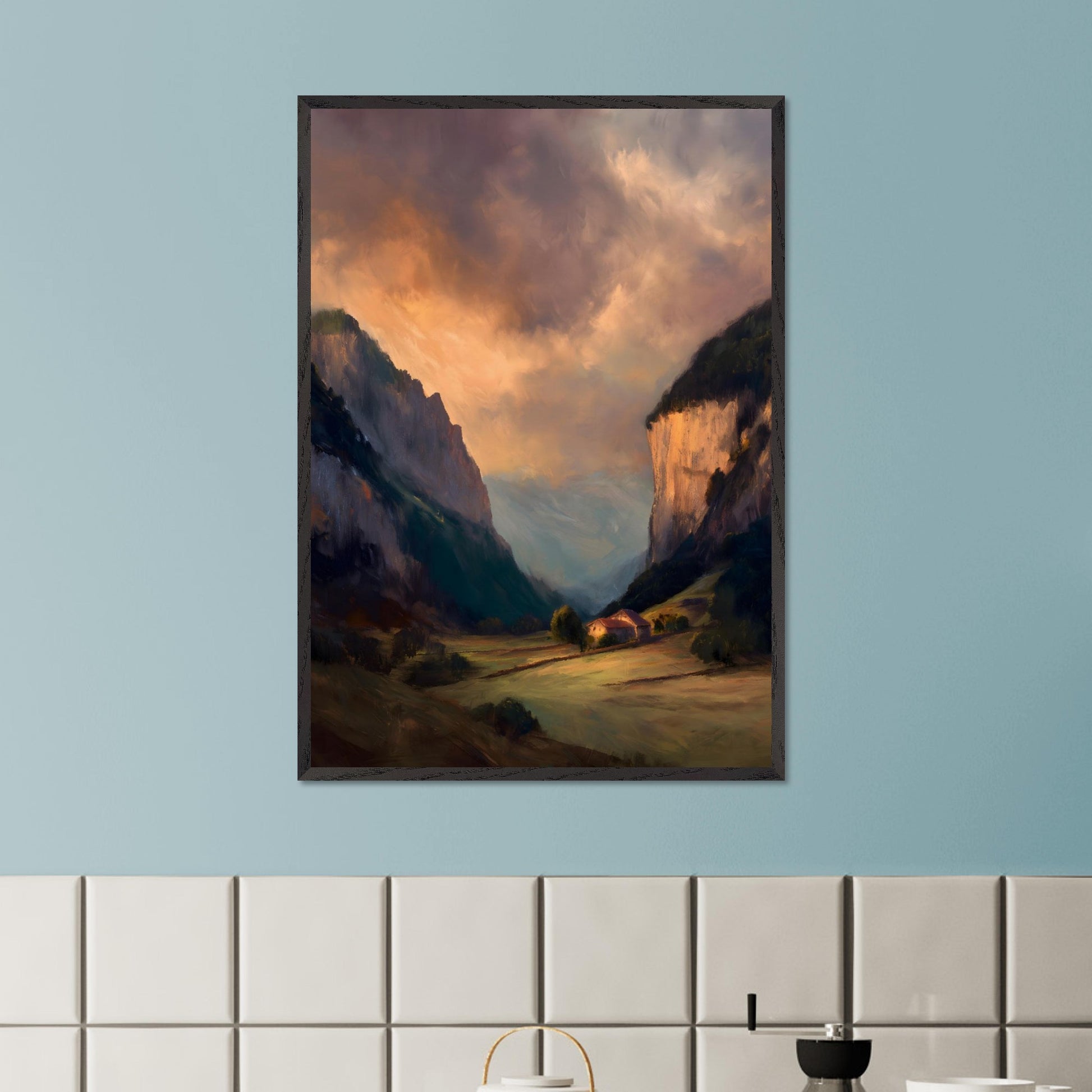 Nestled between dramatic cliffs, a single farmhouse glows under a sky heavy with storm and sun. The valley holds its breath — clouds swirl above while the earth remains grounded, golden, and still. This is a refuge at the edge of wildness.