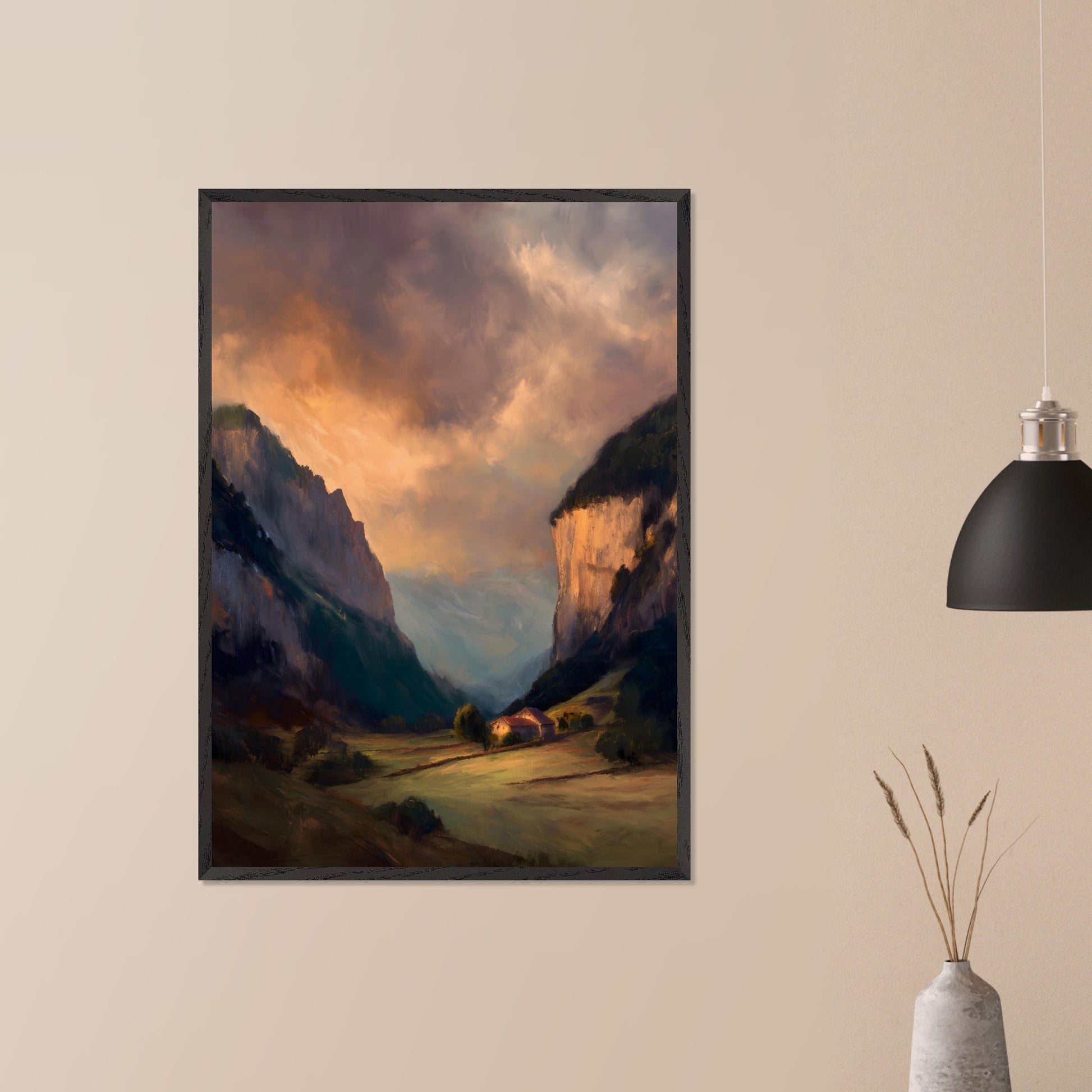 Nestled between dramatic cliffs, a single farmhouse glows under a sky heavy with storm and sun. The valley holds its breath — clouds swirl above while the earth remains grounded, golden, and still. This is a refuge at the edge of wildness.