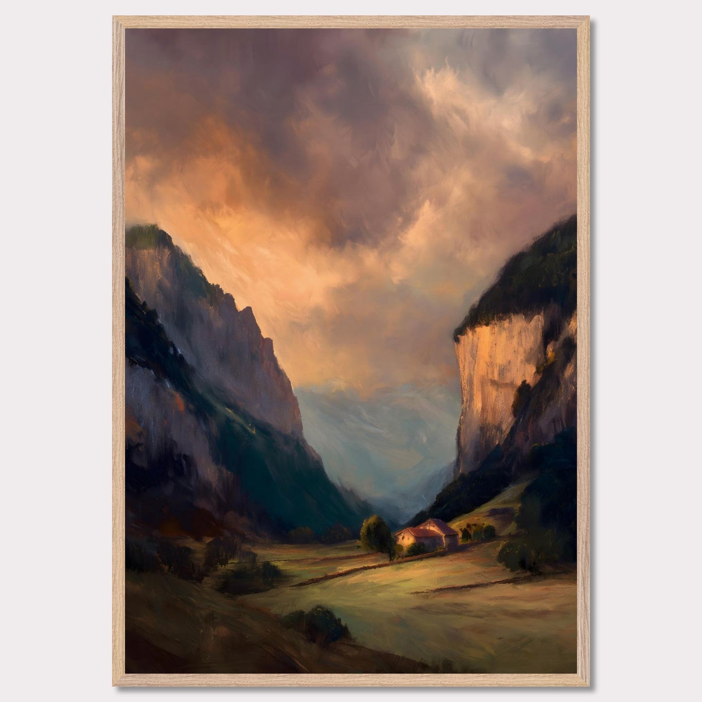 Nestled between dramatic cliffs, a single farmhouse glows under a sky heavy with storm and sun. The valley holds its breath — clouds swirl above while the earth remains grounded, golden, and still. This is a refuge at the edge of wildness.