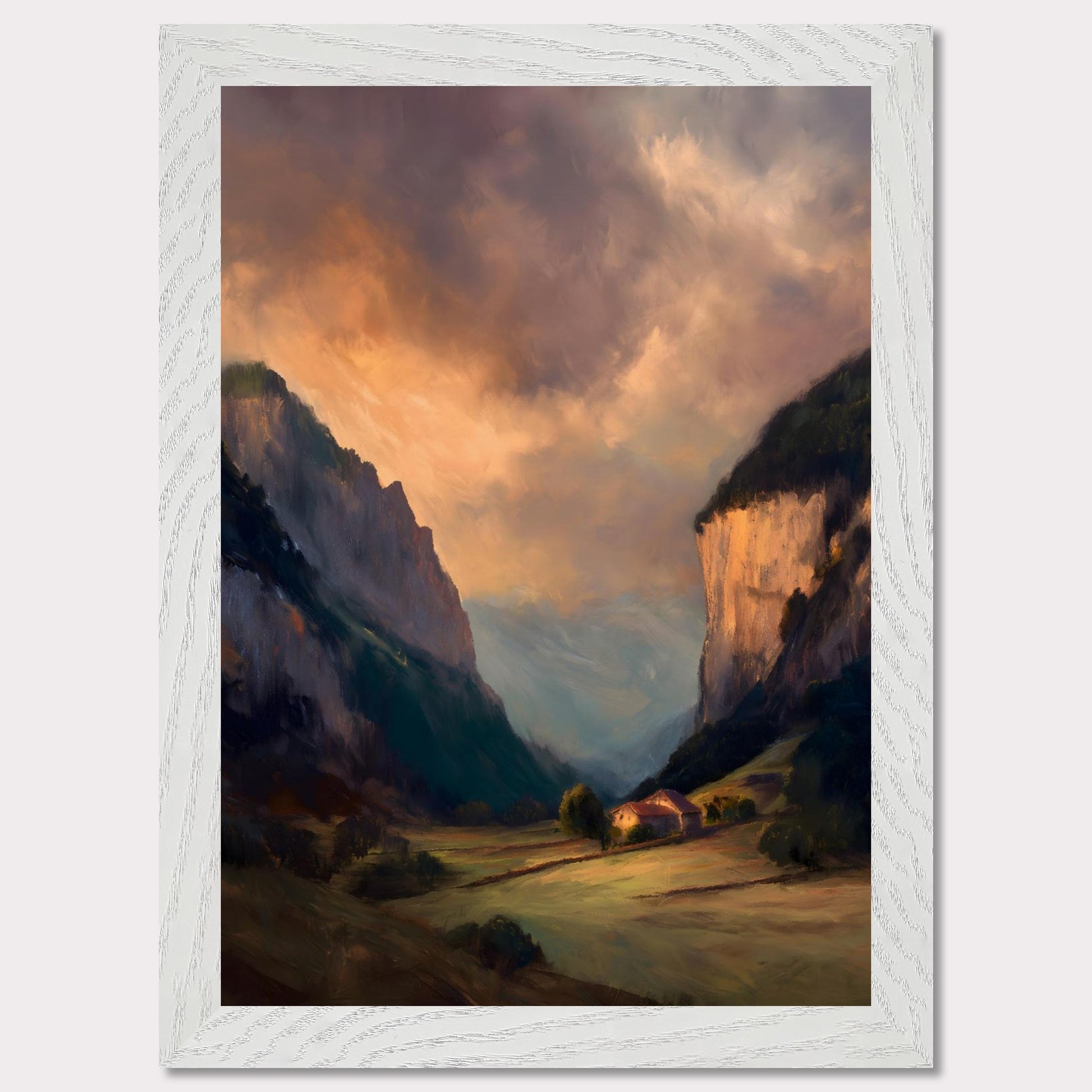Nestled between dramatic cliffs, a single farmhouse glows under a sky heavy with storm and sun. The valley holds its breath — clouds swirl above while the earth remains grounded, golden, and still. This is a refuge at the edge of wildness.