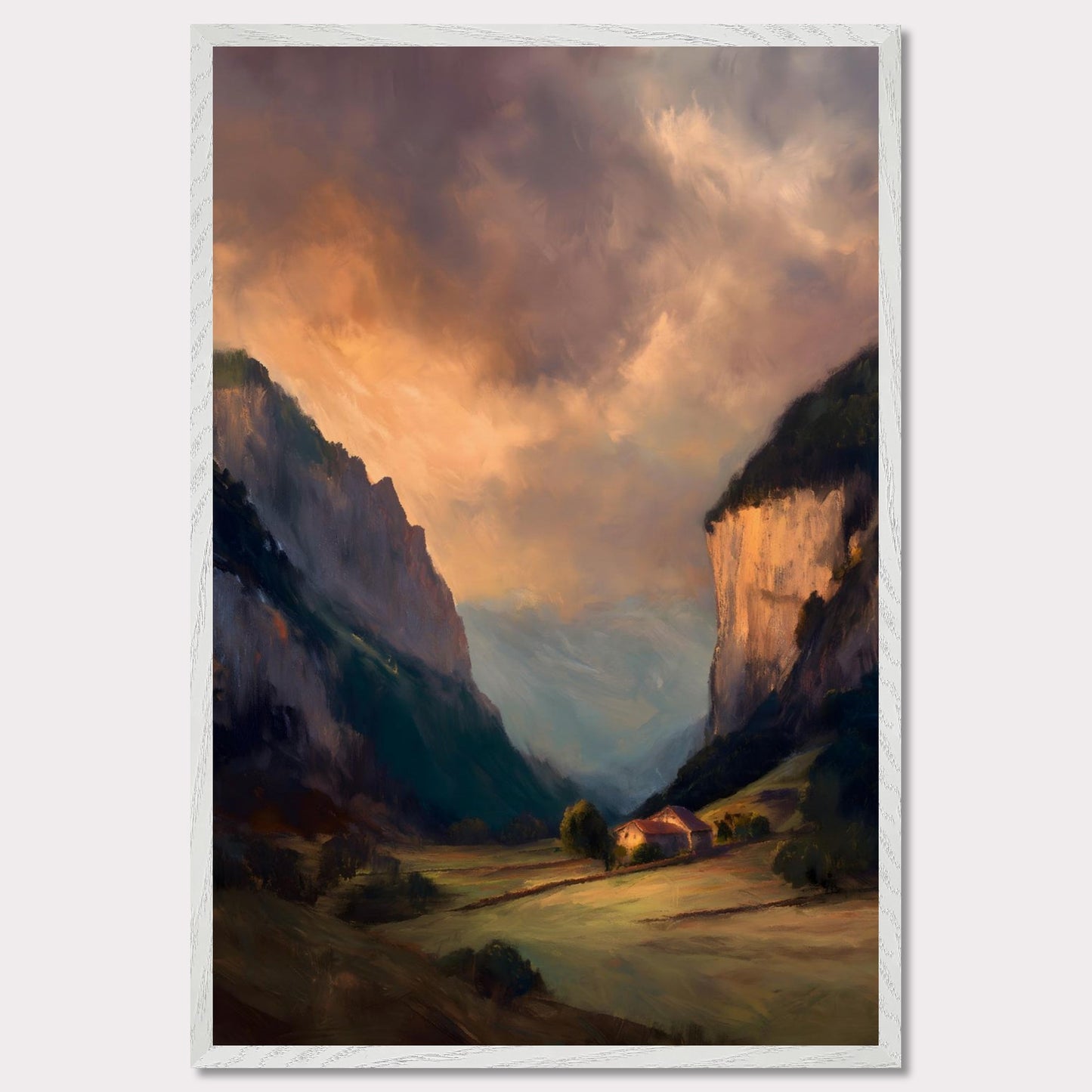 Nestled between dramatic cliffs, a single farmhouse glows under a sky heavy with storm and sun. The valley holds its breath — clouds swirl above while the earth remains grounded, golden, and still. This is a refuge at the edge of wildness.