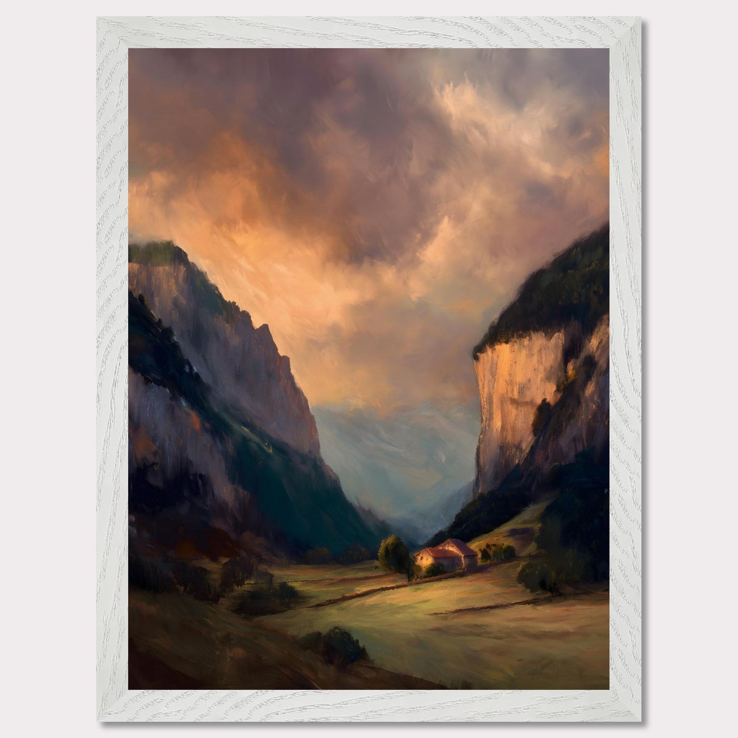 Nestled between dramatic cliffs, a single farmhouse glows under a sky heavy with storm and sun. The valley holds its breath — clouds swirl above while the earth remains grounded, golden, and still. This is a refuge at the edge of wildness.