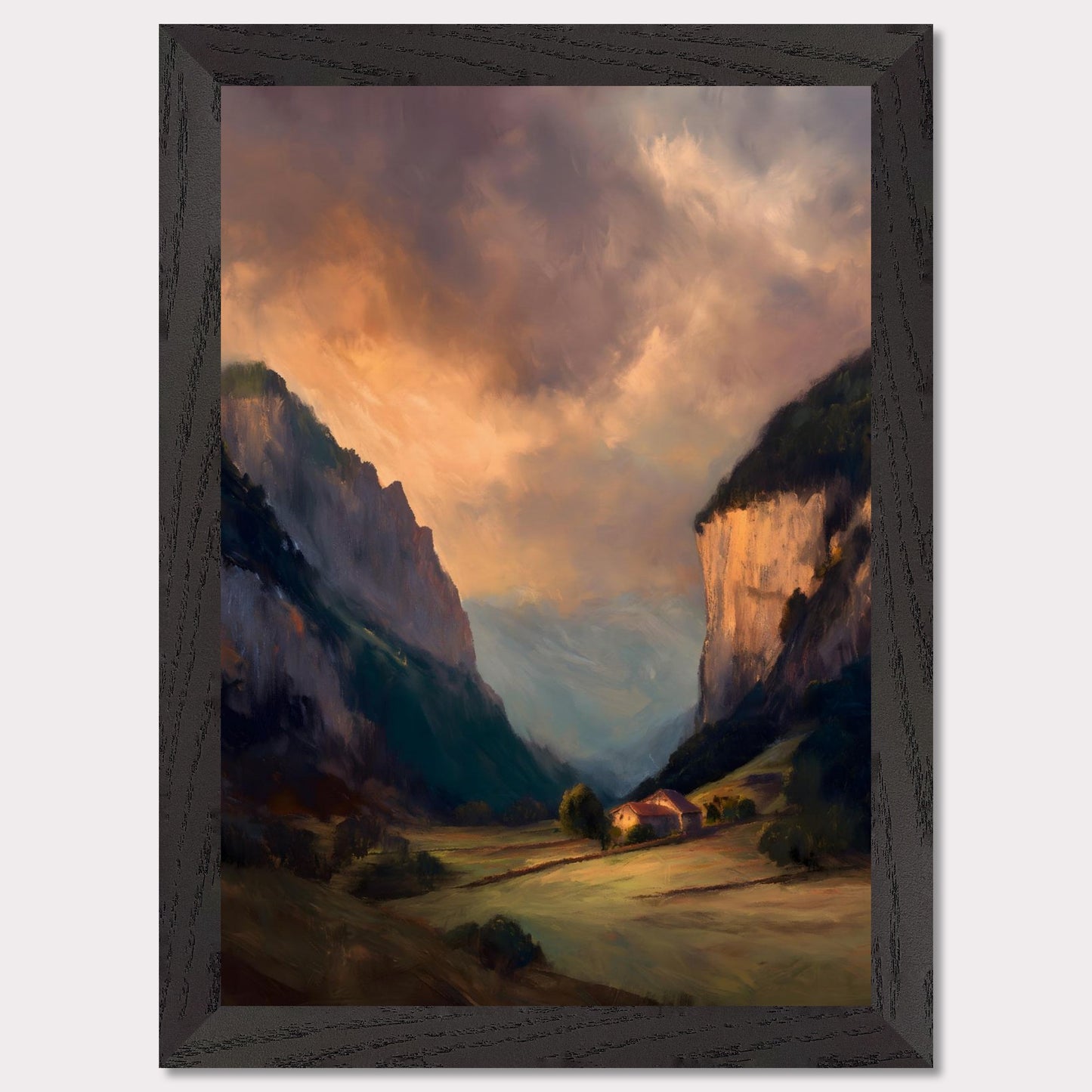 Nestled between dramatic cliffs, a single farmhouse glows under a sky heavy with storm and sun. The valley holds its breath — clouds swirl above while the earth remains grounded, golden, and still. This is a refuge at the edge of wildness.