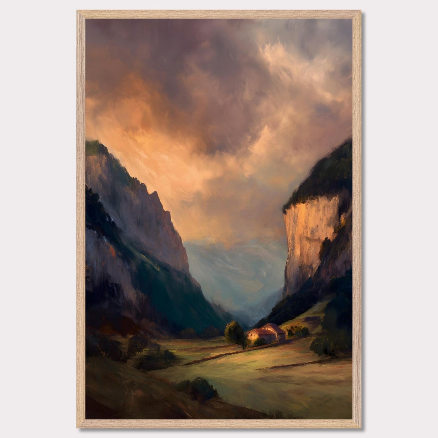 Nestled between dramatic cliffs, a single farmhouse glows under a sky heavy with storm and sun. The valley holds its breath — clouds swirl above while the earth remains grounded, golden, and still. This is a refuge at the edge of wildness.