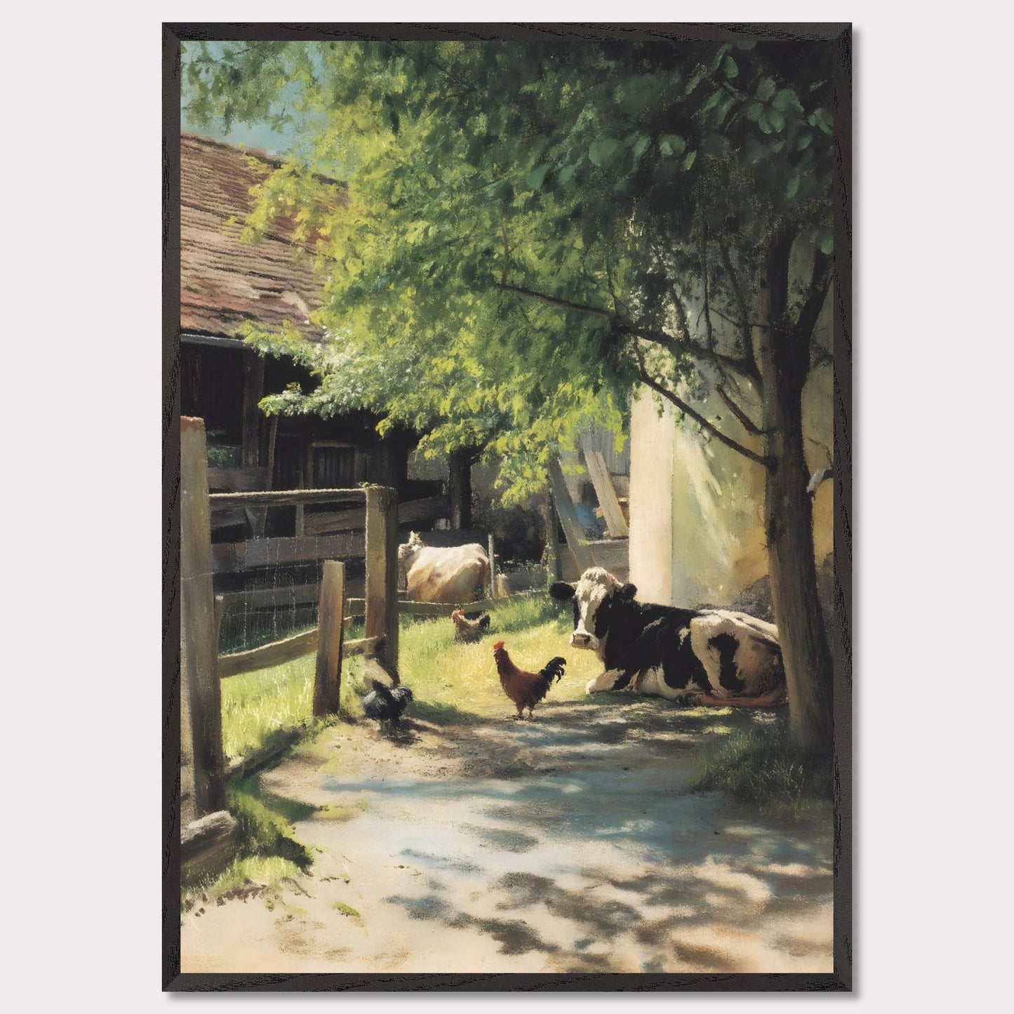 Sunlight filters through the trees over a peaceful farmyard. Cows and chickens relax in dappled shade, a humble scene of daily life in the Alps. The rhythm is slow, and everything is exactly as it should be.