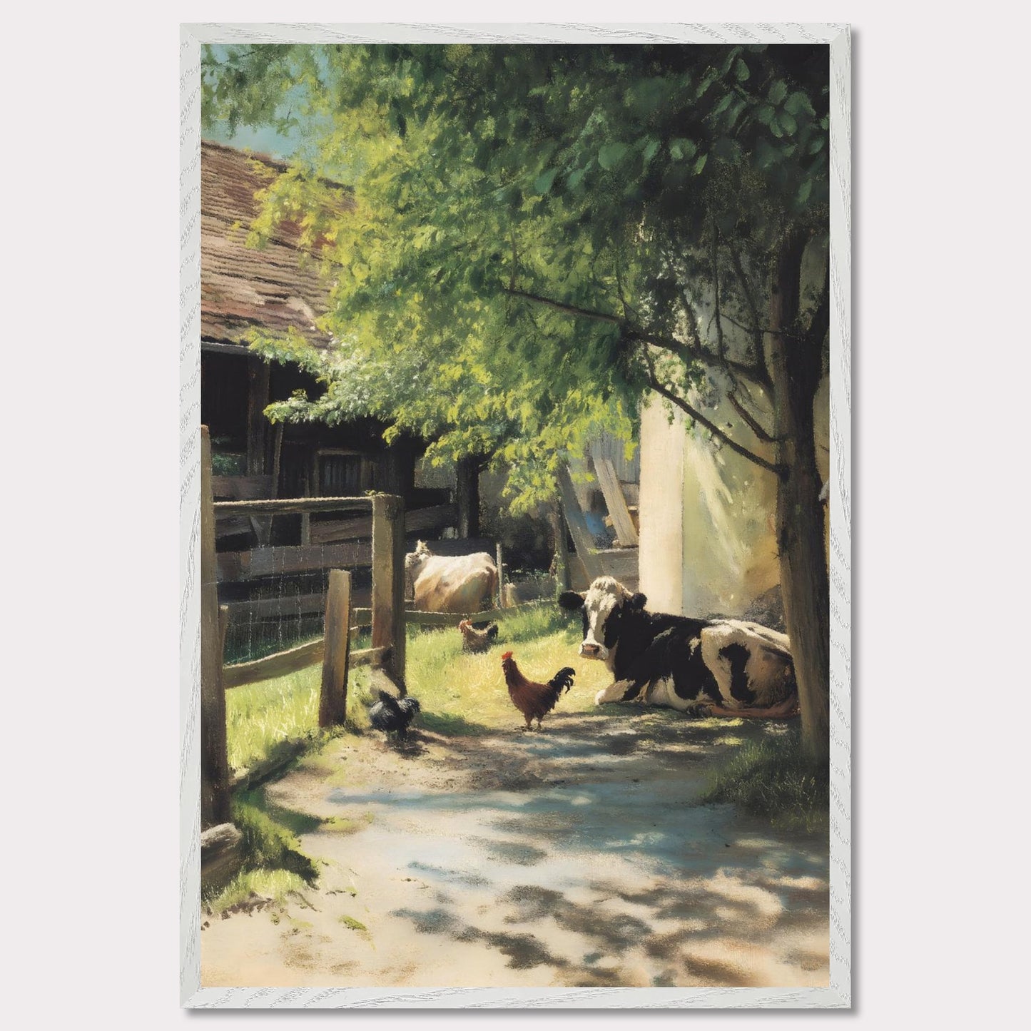 Sunlight filters through the trees over a peaceful farmyard. Cows and chickens relax in dappled shade, a humble scene of daily life in the Alps. The rhythm is slow, and everything is exactly as it should be.