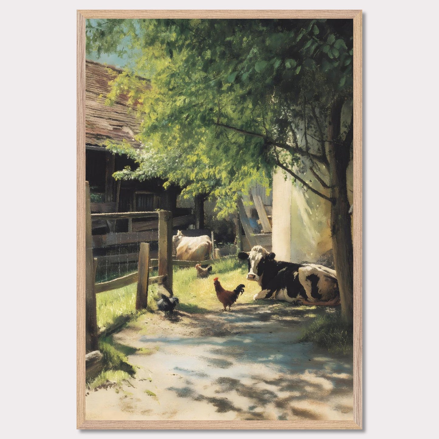 Sunlight filters through the trees over a peaceful farmyard. Cows and chickens relax in dappled shade, a humble scene of daily life in the Alps. The rhythm is slow, and everything is exactly as it should be.