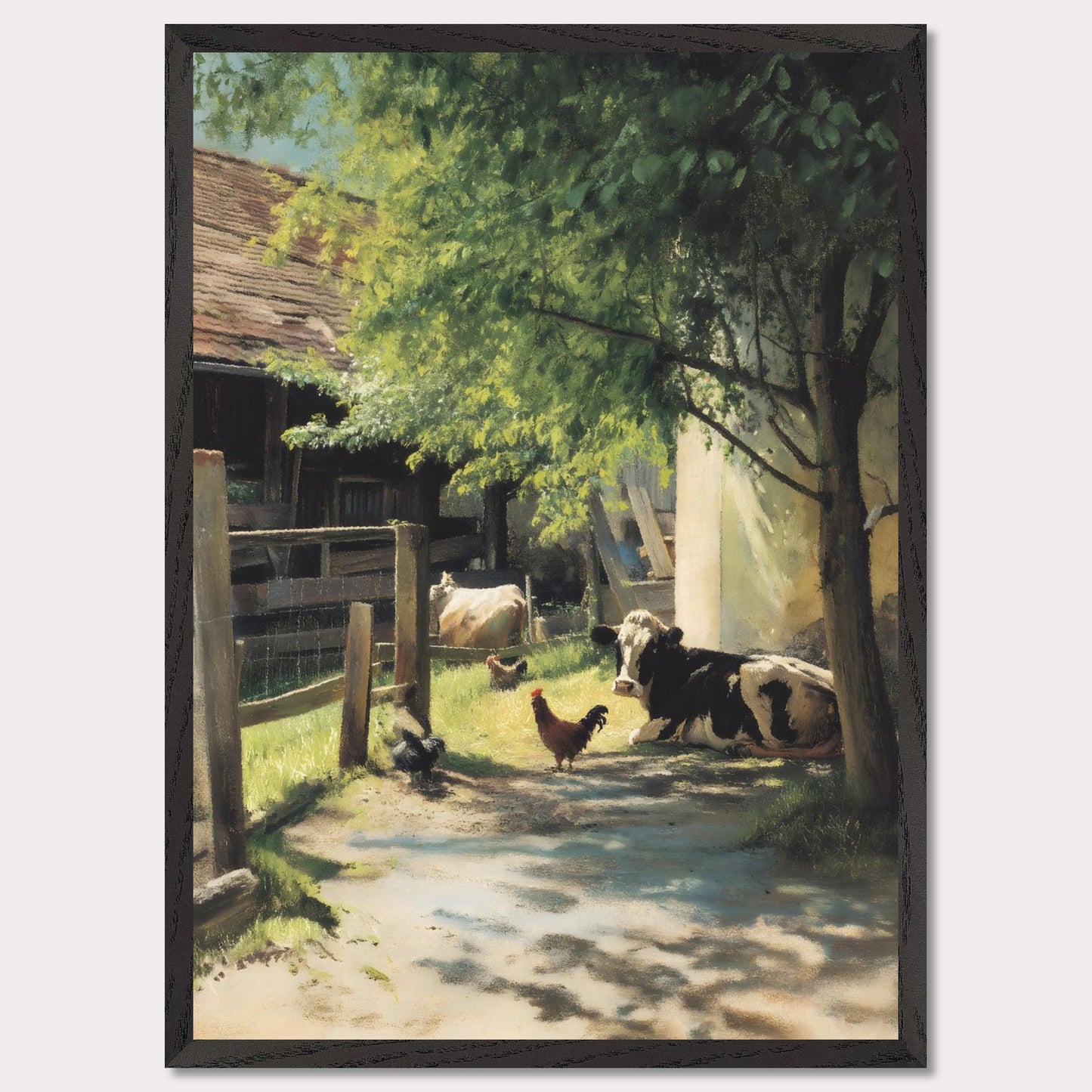 Sunlight filters through the trees over a peaceful farmyard. Cows and chickens relax in dappled shade, a humble scene of daily life in the Alps. The rhythm is slow, and everything is exactly as it should be.